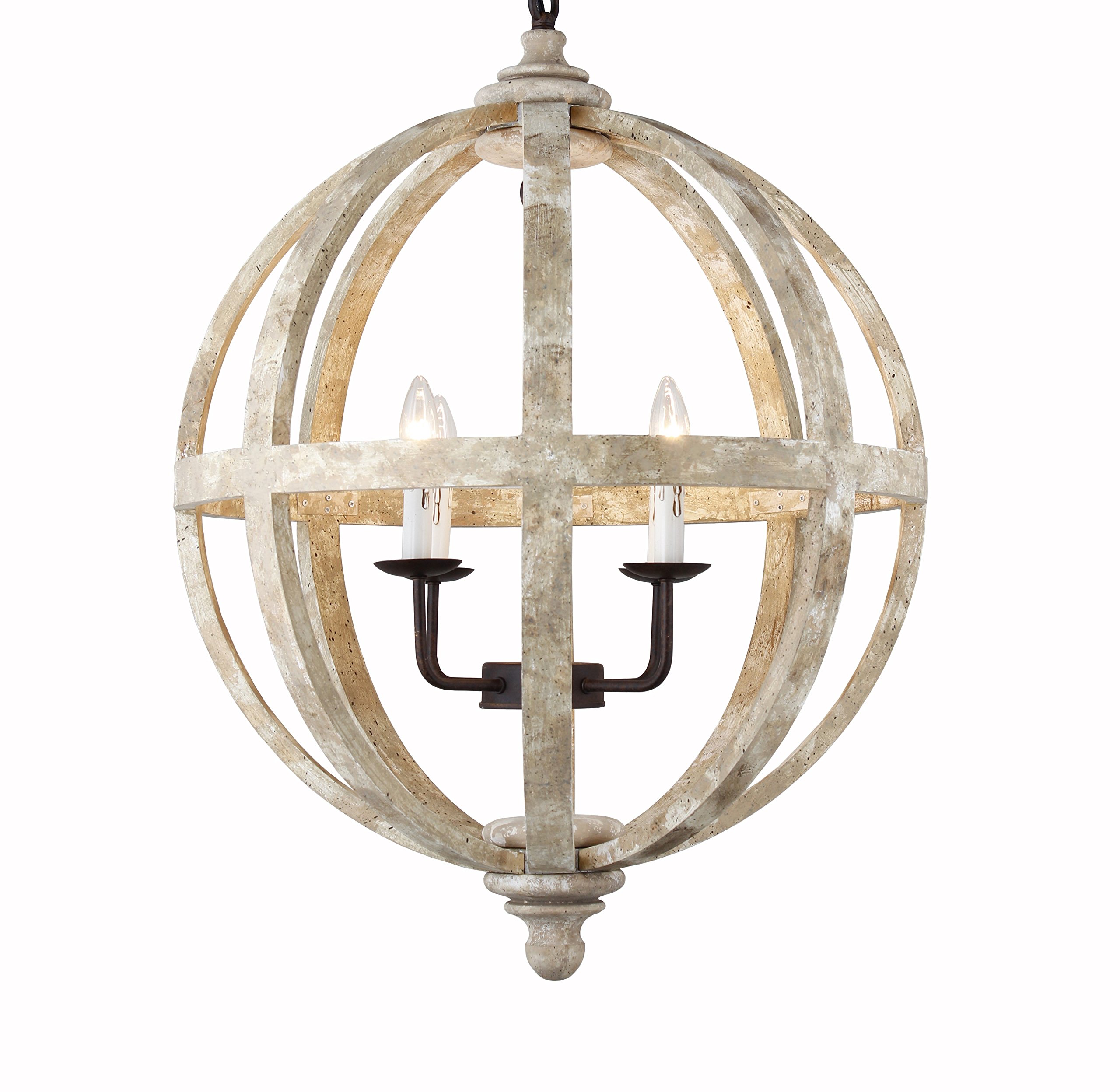24.5 Inch Landon Collection Orb Global Birchwood 4-Light Farmhouse Transitional Chandelier - Rustic Modern Ceiling Light Fixture for Dining Room, Entryway, Hallway, Kitchen Island & Bedroom Lighting