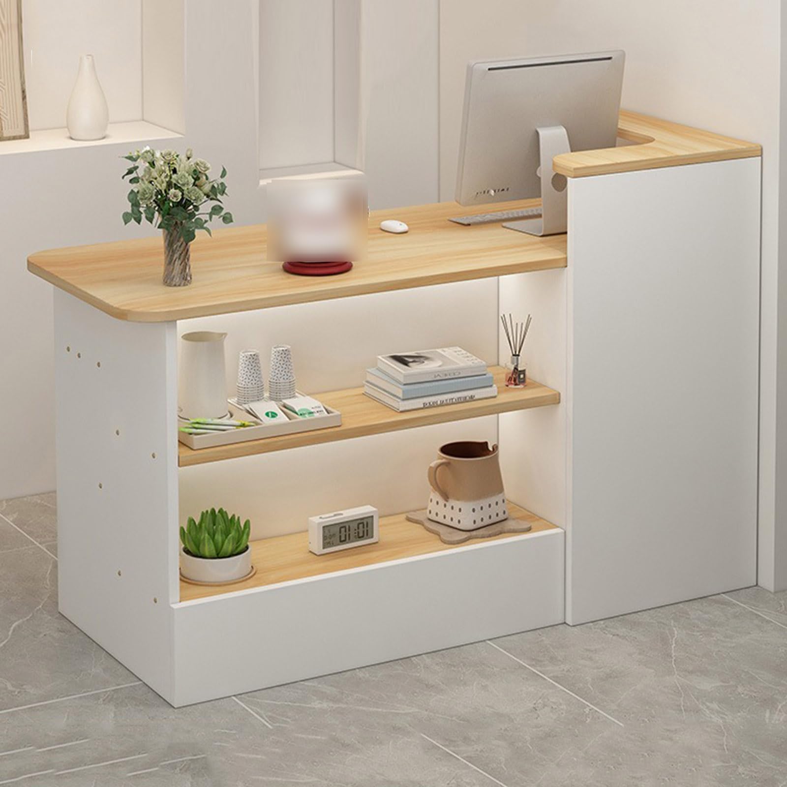Modern L-Shaped Wooden Reception Desk Counter with Open Shelves & Drawers - Retail Checkout Counter for Convenience Stores, Hotels & Beauty Salons - Perfect for Front Office, Cashier & Welcome Desk Use