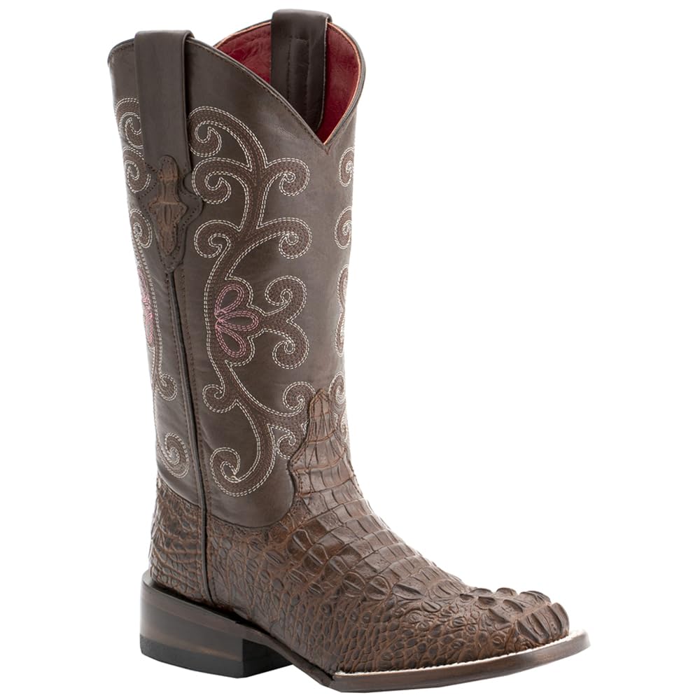Women's Stampede Crocodile Embossed Square Toe Dress Boots - Mid Calf Western Boots with 1-2