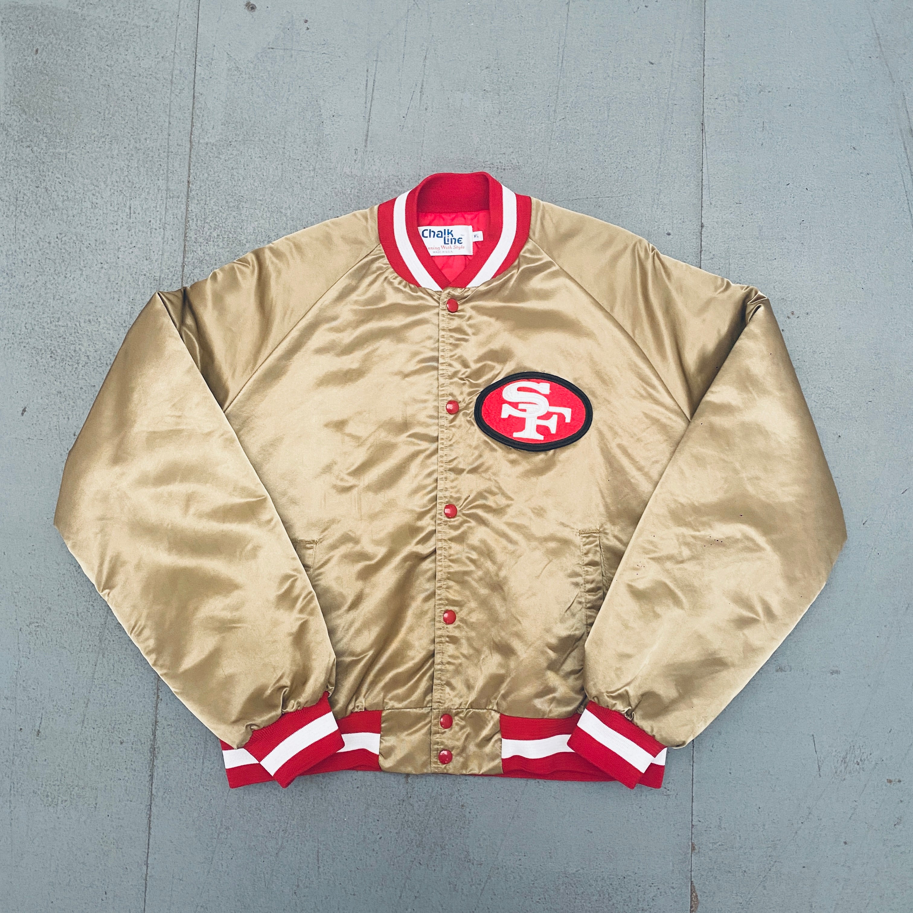 Vintage 1980s San Francisco 49ers Chalk Line Satin Bomber Jacket - Reverse Stitched Spellout Design (XL) | Perfect for NFL Game Days, Sports Events & Retro Fashion Outfits