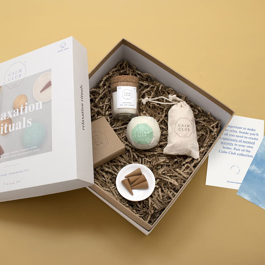 Calm Club Relaxation Gift Set - Lavender Scented Candles, Incense Cones, Bath Bombs & Stress Relief Balls | Aromatherapy Self Care Kit for Women & Adults | Perfect for Spa Nights, Meditation & Stress Relief Gifts