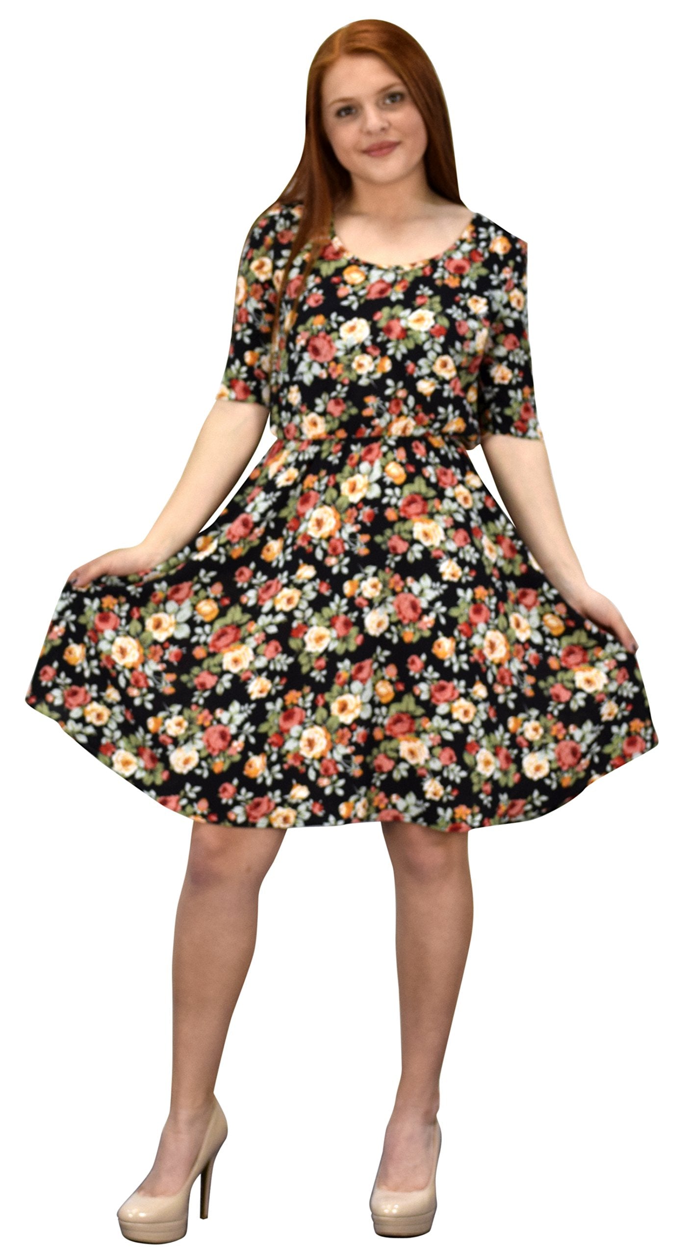 Women's Half Sleeve Rose Floral Print Princess Seam Skater Dress - Elegant A-Line Party Dress for Casual Outings, Date Nights & Special Occasions