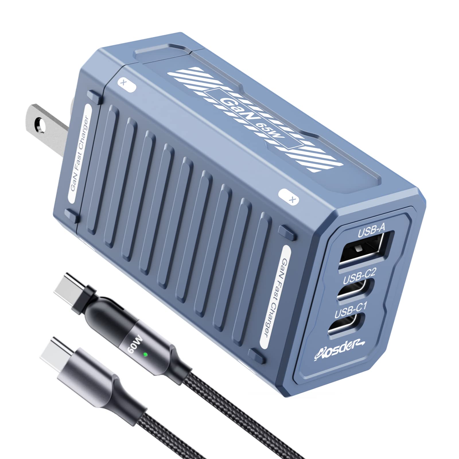 65W GaN USB C Fast Charger with 3 Ports & 6.6ft Cable - Compact Foldable Wall Charger for MacBook Pro/Air, iPad Pro, Galaxy, Samsung, Pixel - Perfect for Travel, Office & Home Charging