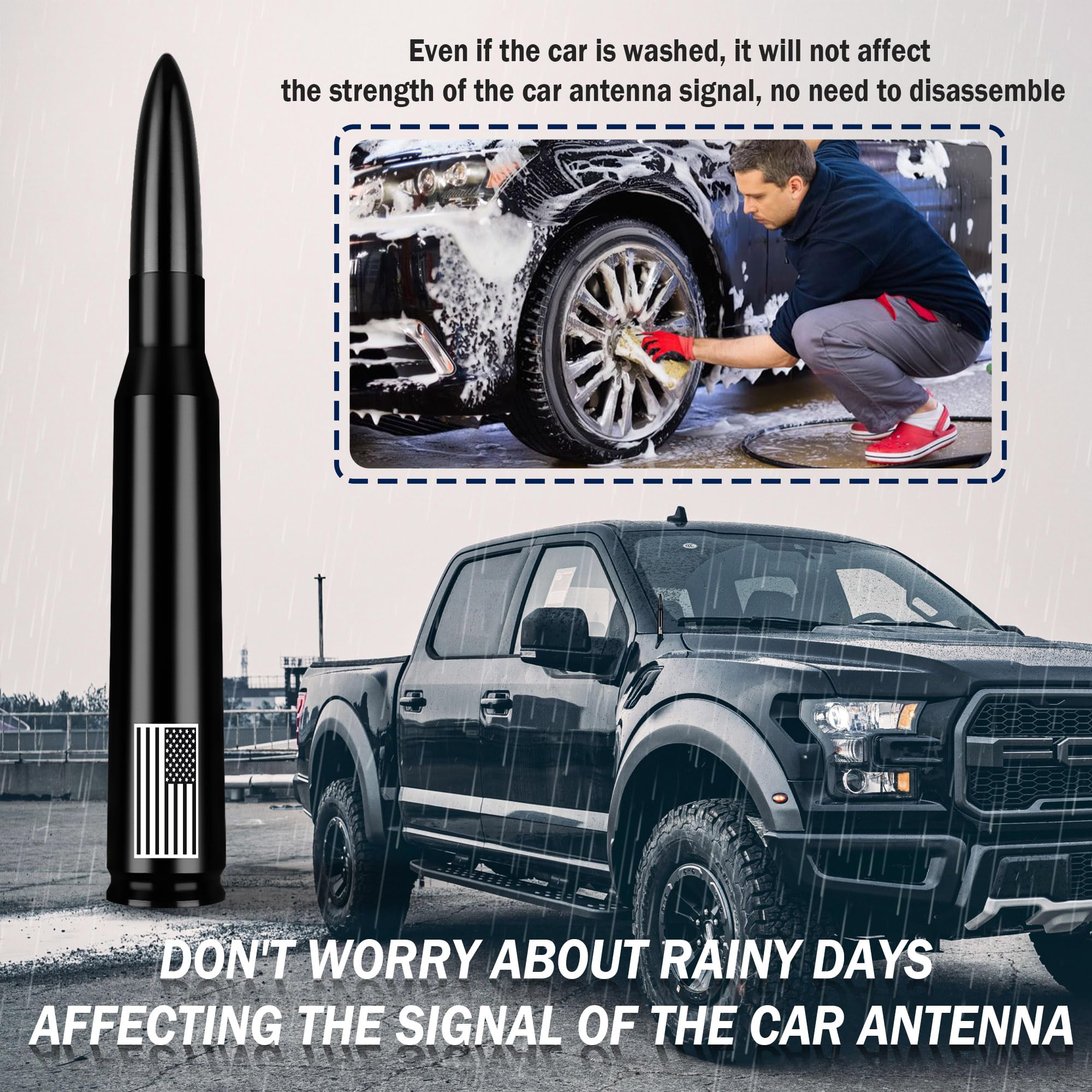 Upgraded Car Bullet Antenna with Flag Design - AM/FM Radio Signal Booster for SUV, Truck & Most Vehicles | Exterior Decoration Accessory & Replacement Part (Black) | Perfect for Road Trips, Off-Roading & Patriotic Displays