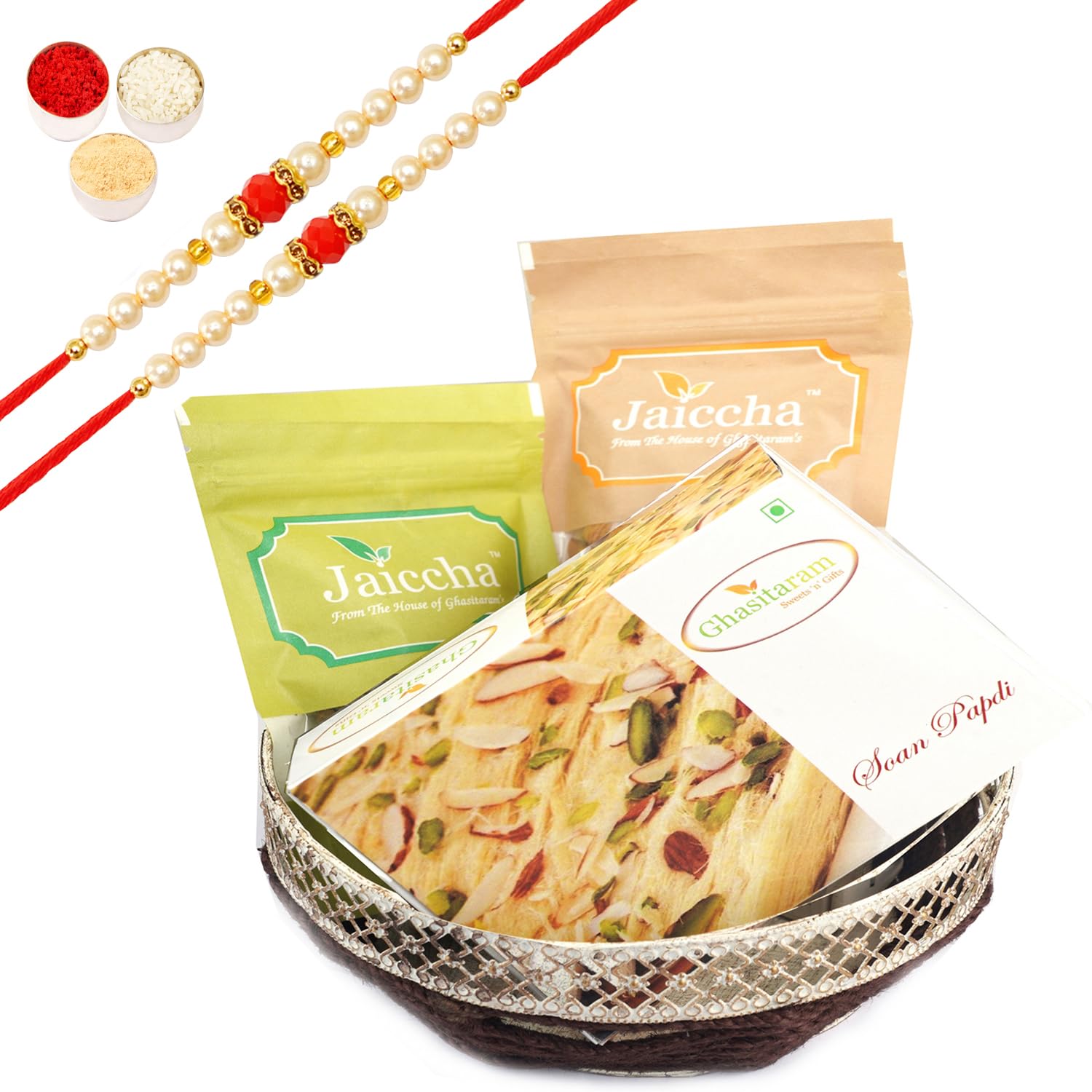 Premium Rakhi Gift Set for Brothers - Almonds, Raisins & Soan Papdi Sweet Basket with Pearl Bead Rakhis | Indian Festival Gifts for Raksha Bandhan, Sibling Appreciation & Cultural Celebrations