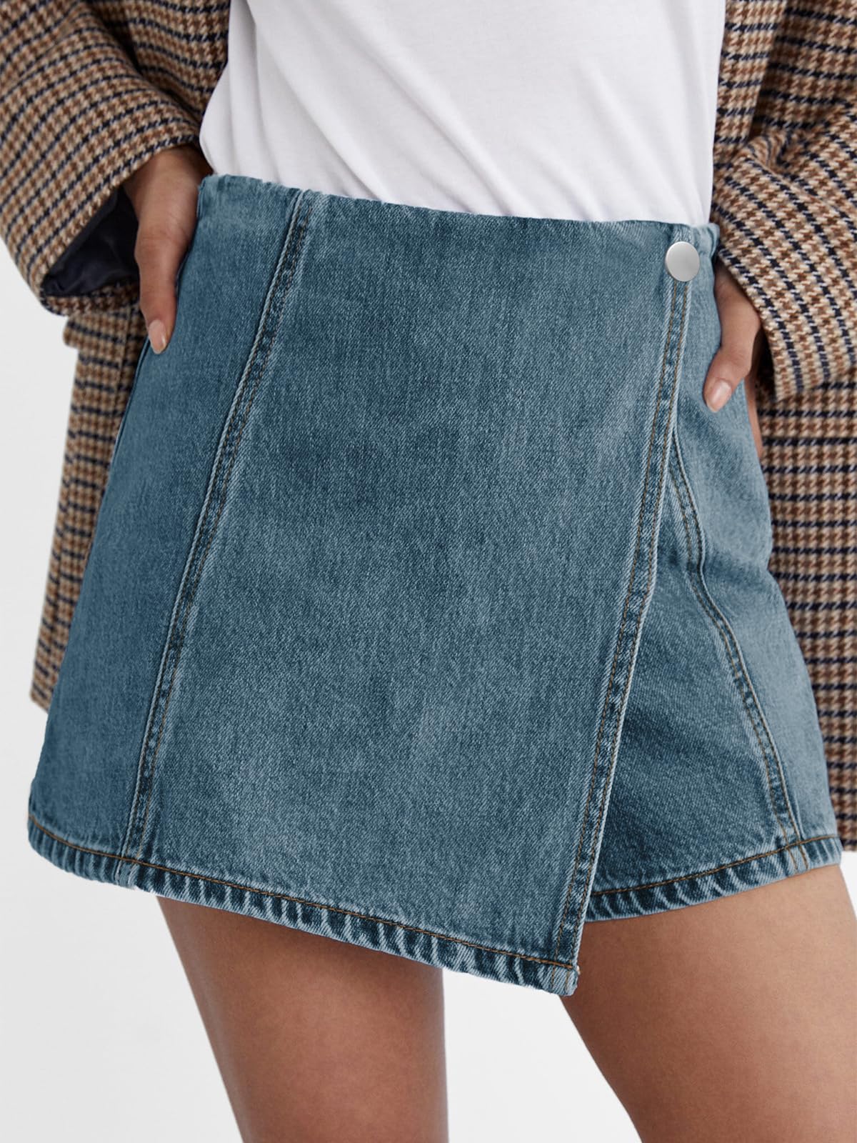 PLNOTME Women's High Waisted Denim Skorts - Stretchy Asymmetrical Hem Jean Skirt Shorts for Summer | Casual Outfits, Beach Wear & Outdoor Activities