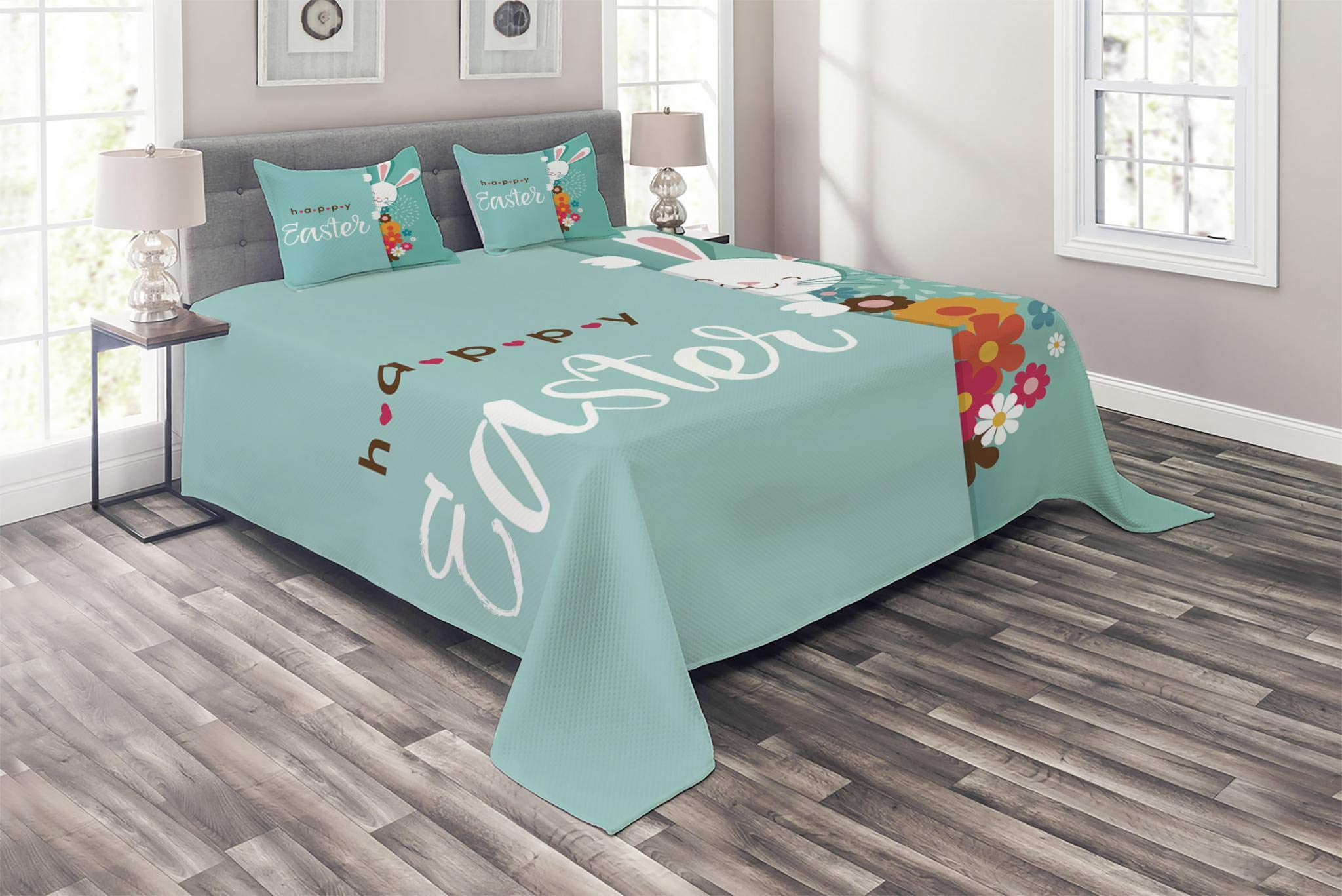 Lunarable Easter Quilt Set - 3 Piece King Size Colorful Happy Greeting Bedspread with Smiling Rabbit & Spring Flowers, Includes 2 Pillow Shams (Turquoise Multicolor) - Perfect for Spring Decor, Holiday Bedding & Easter Gift Giving