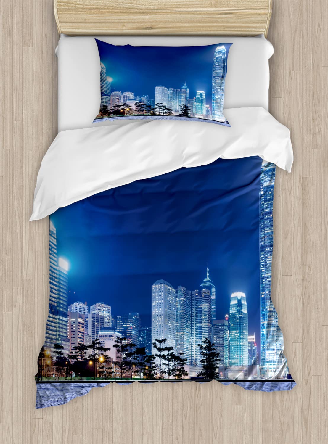 Ambesonne Urban Duvet Cover Set - Hong Kong Skyline Night Cityscape with Skyscrapers - Modern Photo Print Bedding Set (2 Duvet Covers + 4 Pillowcases) - 2 Pack California King Size - Purple Grey & Royal Blue - Perfect for Urban Decor & Contemporary Bedroom Design