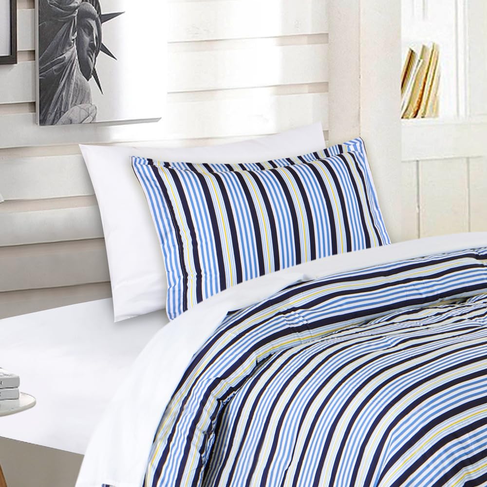 EMME 5-Piece Bed-in-A-Bag Comforter Set - Blue Stripe Brushed Microfiber Bedding with Sheets | Soft Down Alternative Comforter for Twin/Twin XL | Perfect for Kids' Rooms, Guest Bedrooms & Dorm Essentials