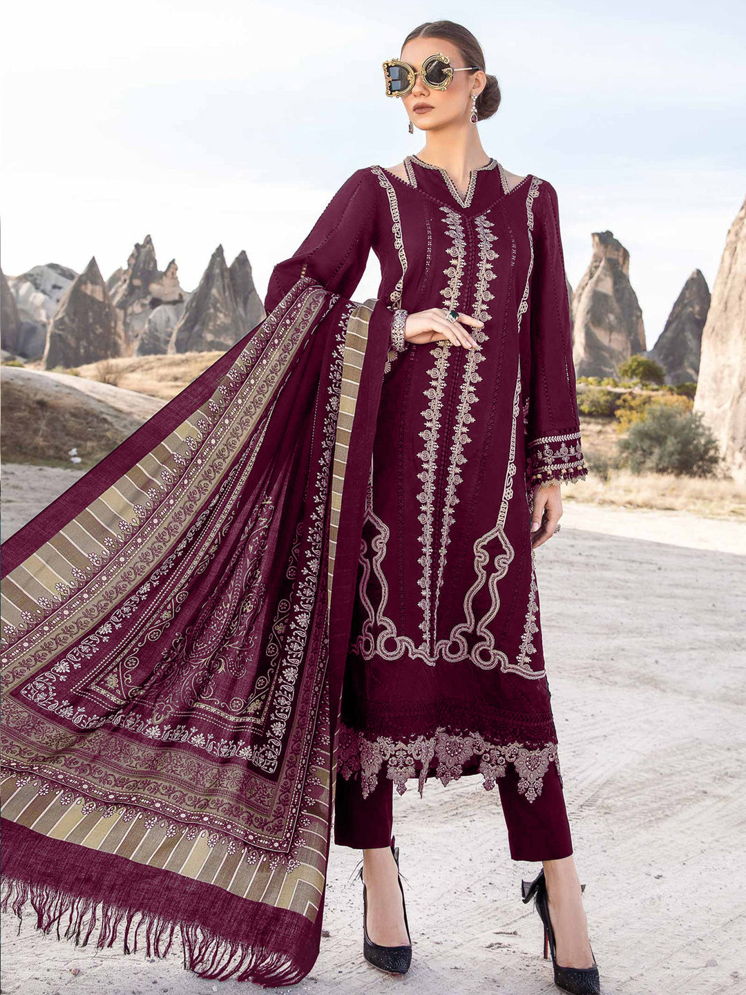 Elegant Burgundy Designer Semi-Stitched Pant Suit with Exquisite Embroidery - Perfect for Weddings, Parties & Formal Events