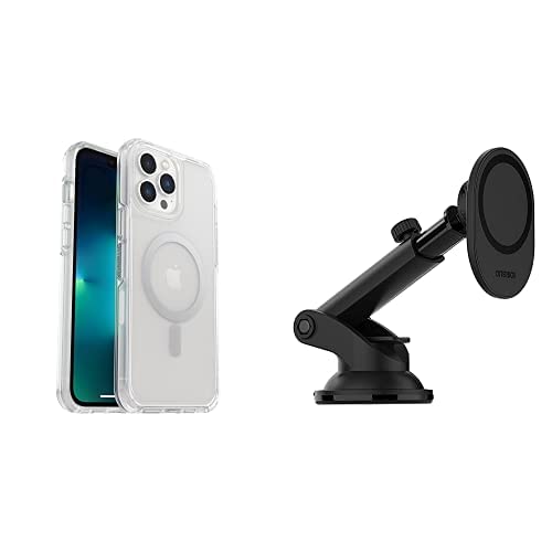 OTTERBOX Performance Car Dash & Windshield Mount for MagSafe - Black & Symmetry Series+ Clear Antimicrobial Case with MagSafe for iPhone 12/13 Pro Max - Clear | Secure Phone Holder for Driving & Antimicrobial Protection for Daily Use