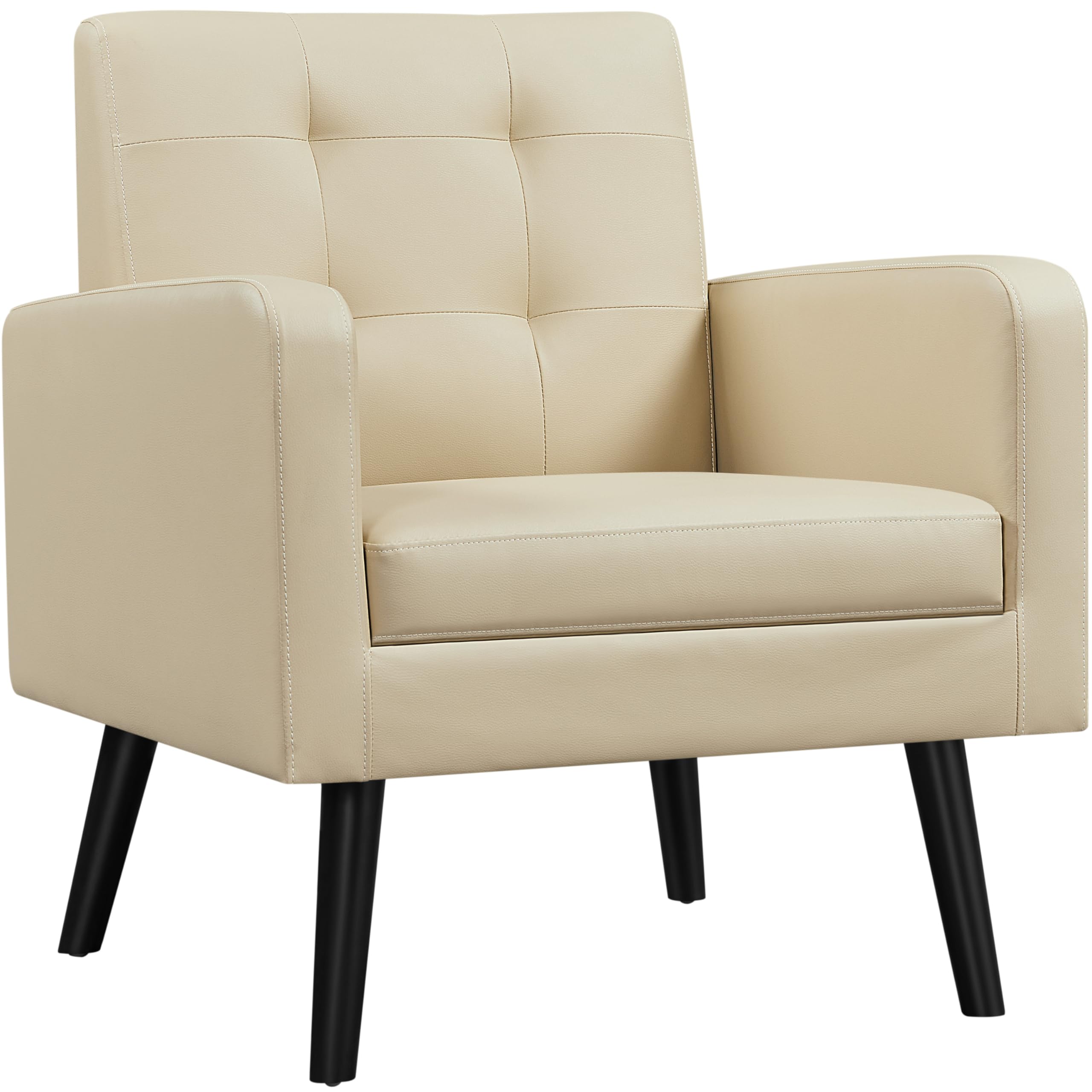 Yaheetech Mid-Century Modern Accent Chair - PU Leather Upholstered Armchair with Button Tufted Back & Wooden Legs for Living Room, Bedroom, Office or Cafe - Beige Home Decor for Relaxing & Stylish Seating