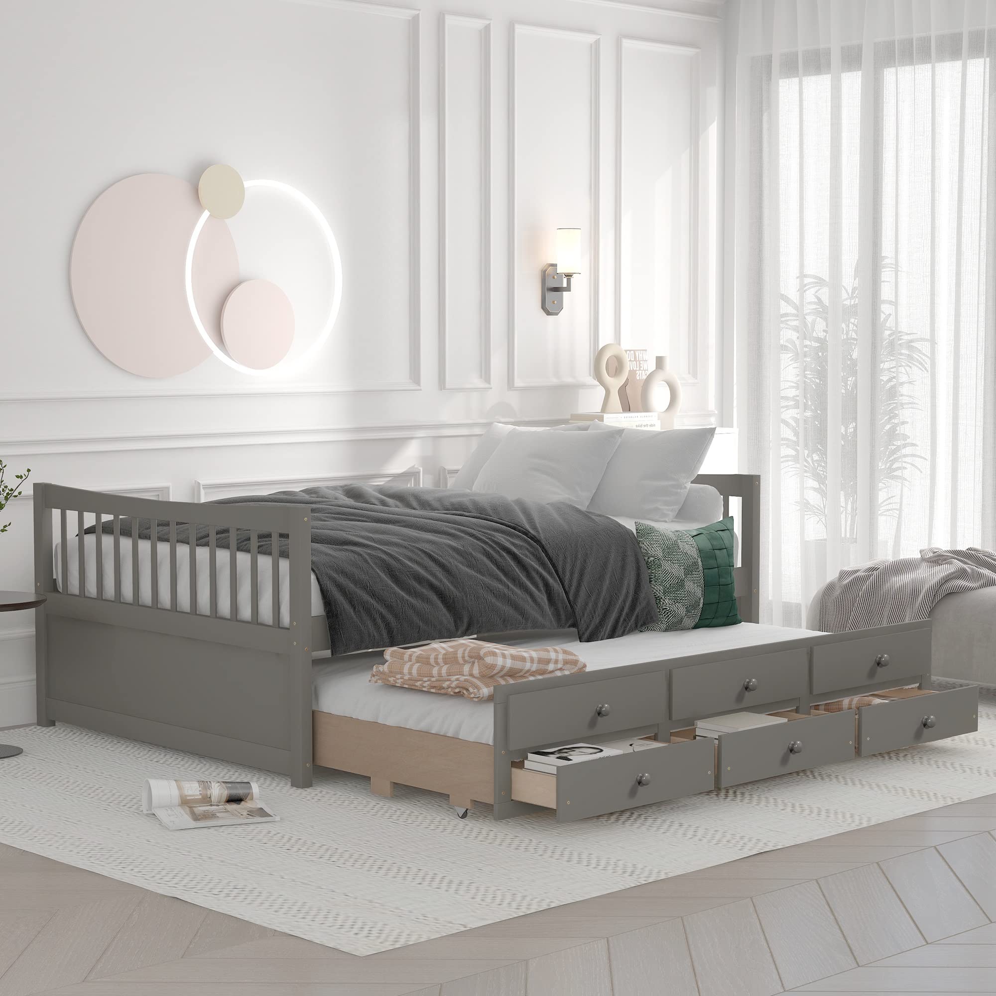 Rhomtree Full Size Wooden Daybed with Twin Trundle and Storage Drawers - Grey Captain's Bed for Kids, Teens & Guest Rooms | Space-Saving Bedroom Furniture for Small Spaces & Sleepovers