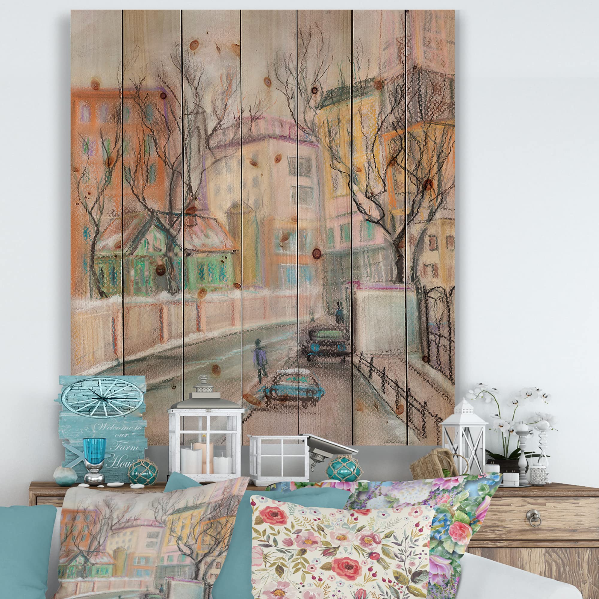 DesignQ Lanes In Moscow City Traditional Wood Wall Decor - Beige Wood Wall Art with Large Cityscapes - Natural Pine Wood Wall Panels for Living Room, Bedroom & Office Decor
