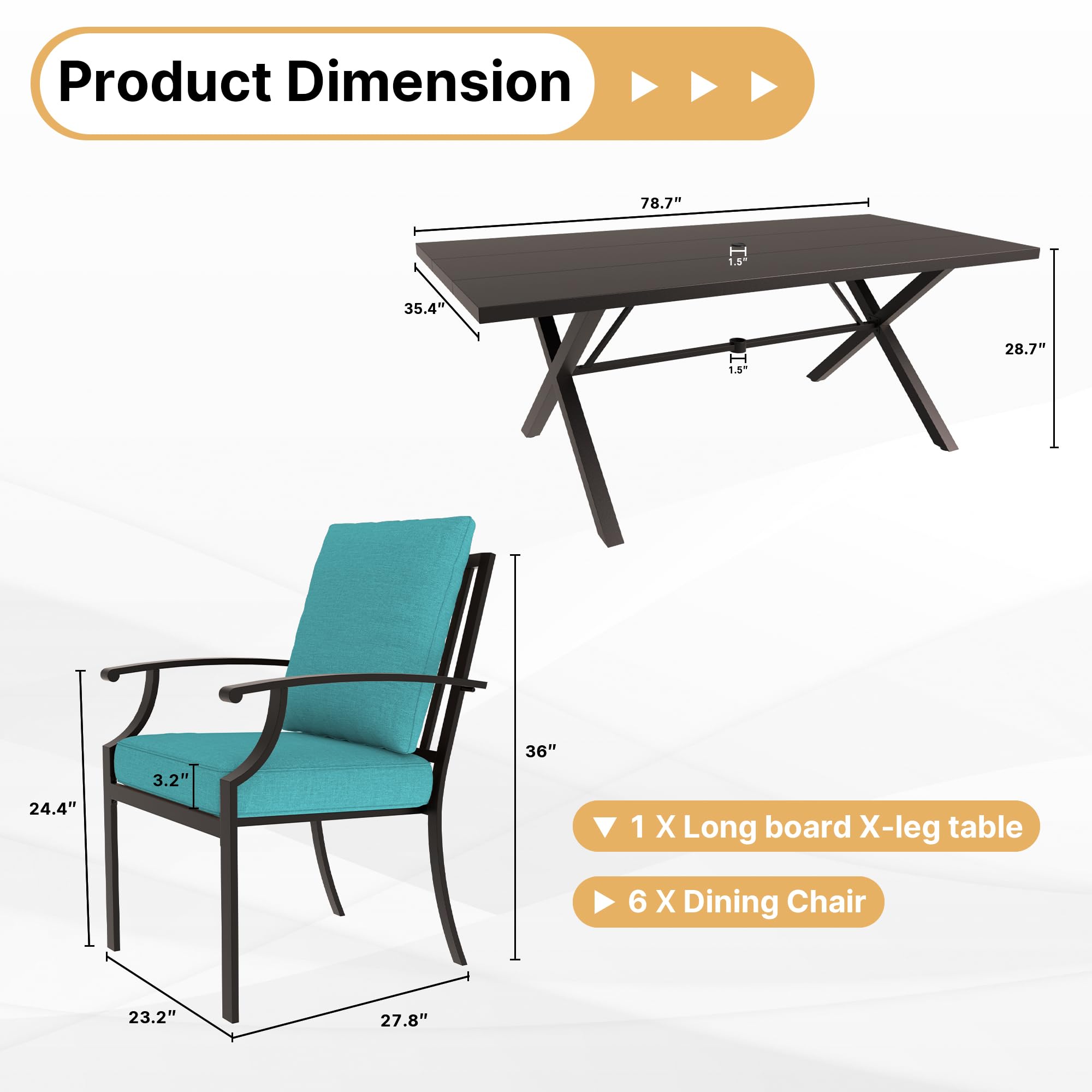 Gotland 7-Piece Outdoor Dining Set for 6 - Modern Rectangular Patio Table with Umbrella Hole & Metal Chairs - Blue Garden Furniture for Backyard, Lawn, Poolside & BBQ Gatherings