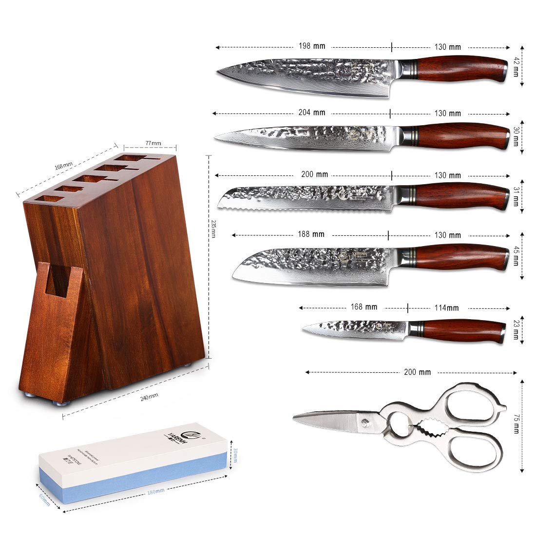 YARENH 8-Piece Professional Damascus Chef Knife Set - High Carbon Stainless Steel Blades, 73 Layers, Full Tang with Dalbergia Wood Handle & Walnut Block - Perfect for Home Cooking, Professional Kitchens & Culinary Gifts