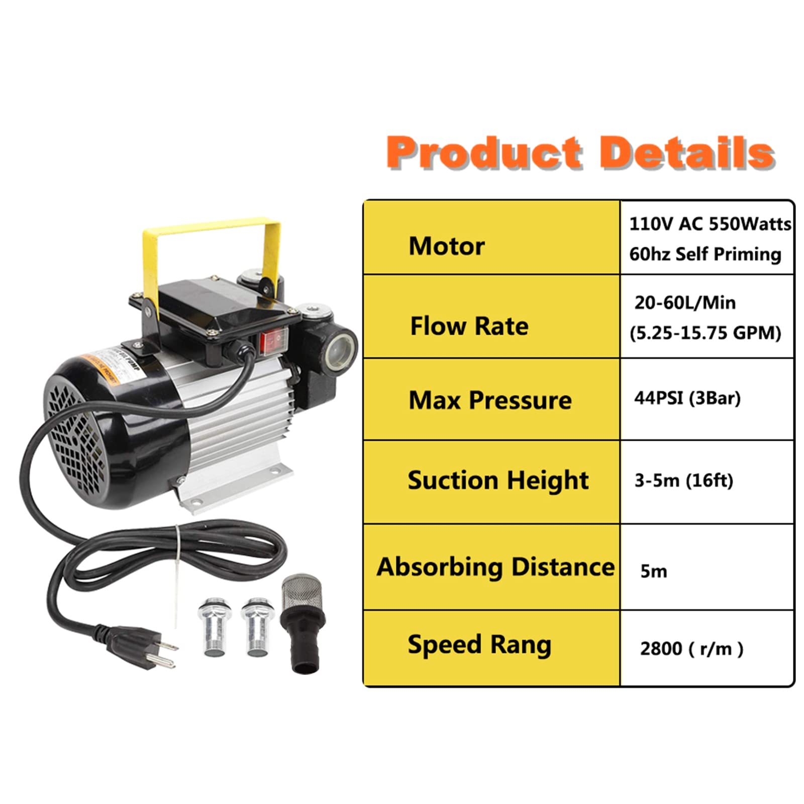 110V AC Electric Transfer Pump - 16GPM 550W Self Priming Oil Fuel Pump for Diesel, Kerosene & Biodiesel - Ideal for Home Heating, Farm Equipment & Industrial Fluid Transfer
