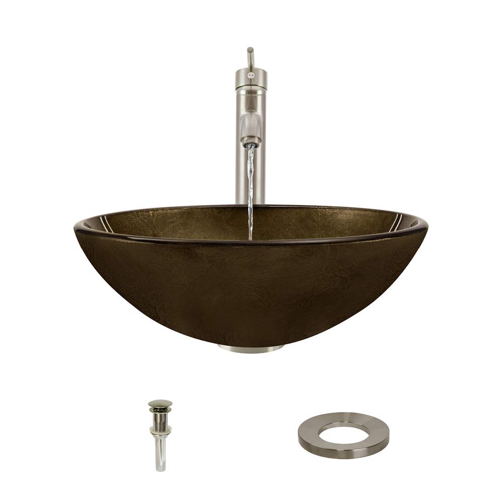 Brushed Nickel Glass Vessel Sink with Faucet and Pop-Up Drain - Modern Bathroom Vanity Sink for Powder Rooms, Master Baths & Luxury Home Decor