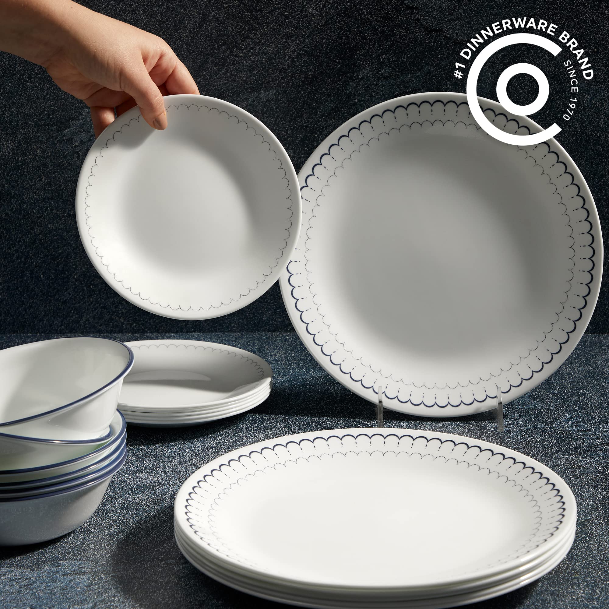 Corelle 18-Piece Dinnerware Set for 6 - Lightweight Round Plates & Bowls - Vitrelle Triple Layer Glass - Chip Resistant, Microwave & Dishwasher Safe - Caspian Blue - Perfect for Everyday Dining, Family Gatherings & Entertaining Guests
