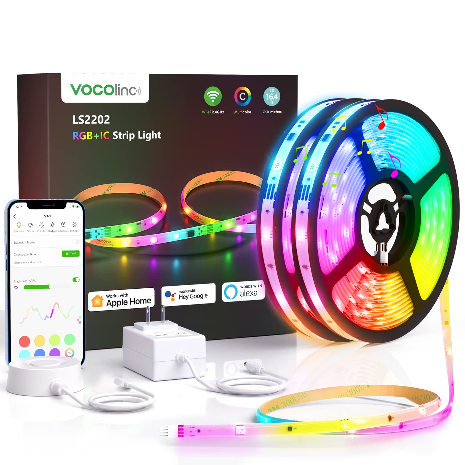 VOCOlinc Smart RGBIC LED Strip Lights 32.8ft - WiFi, Alexa, HomeKit - for Bedroom & Christmas Decor