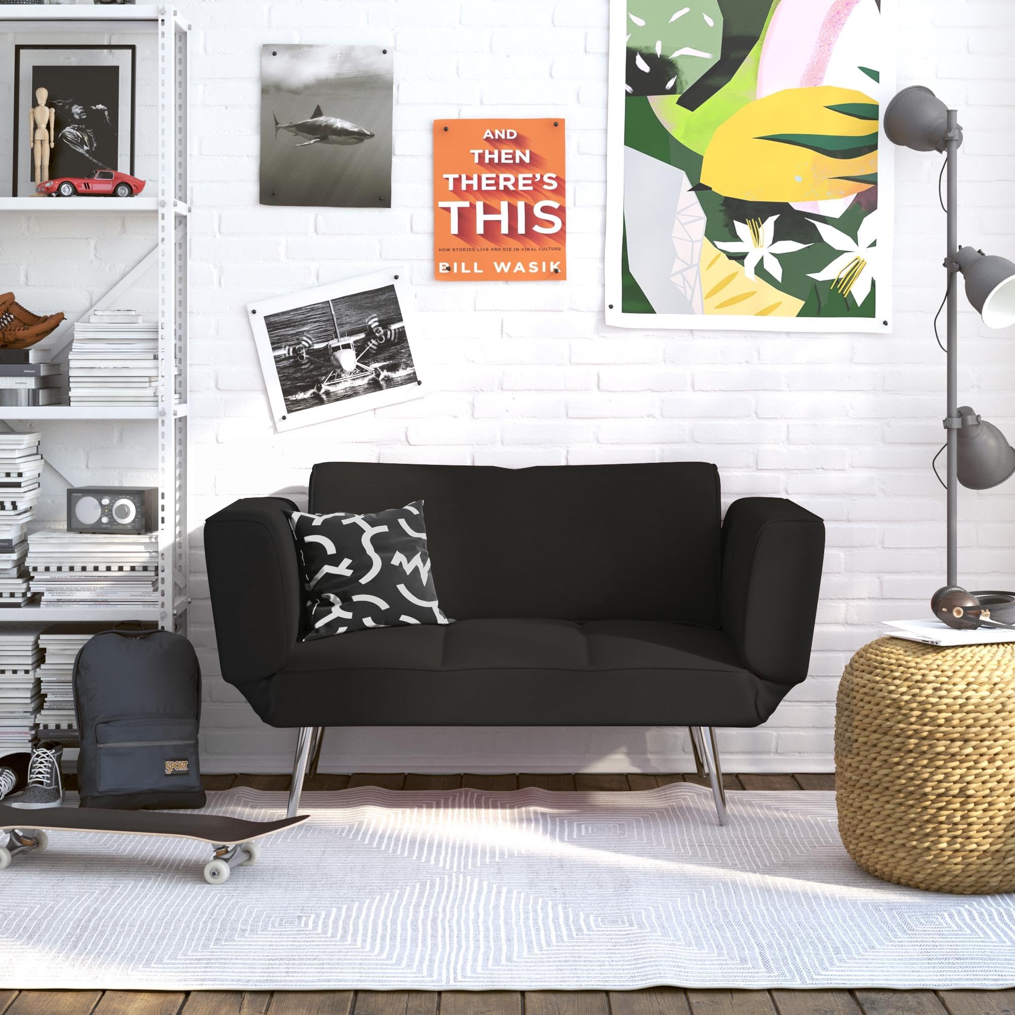 DHP Euro 60 Inch Futon Sofa Bed - Convertible Upholstered Couch Sleeper with Fold-Down Arms & Storage Pocket for Small Spaces, Black | Perfect for Studio Apartments, Guest Rooms & Home Offices