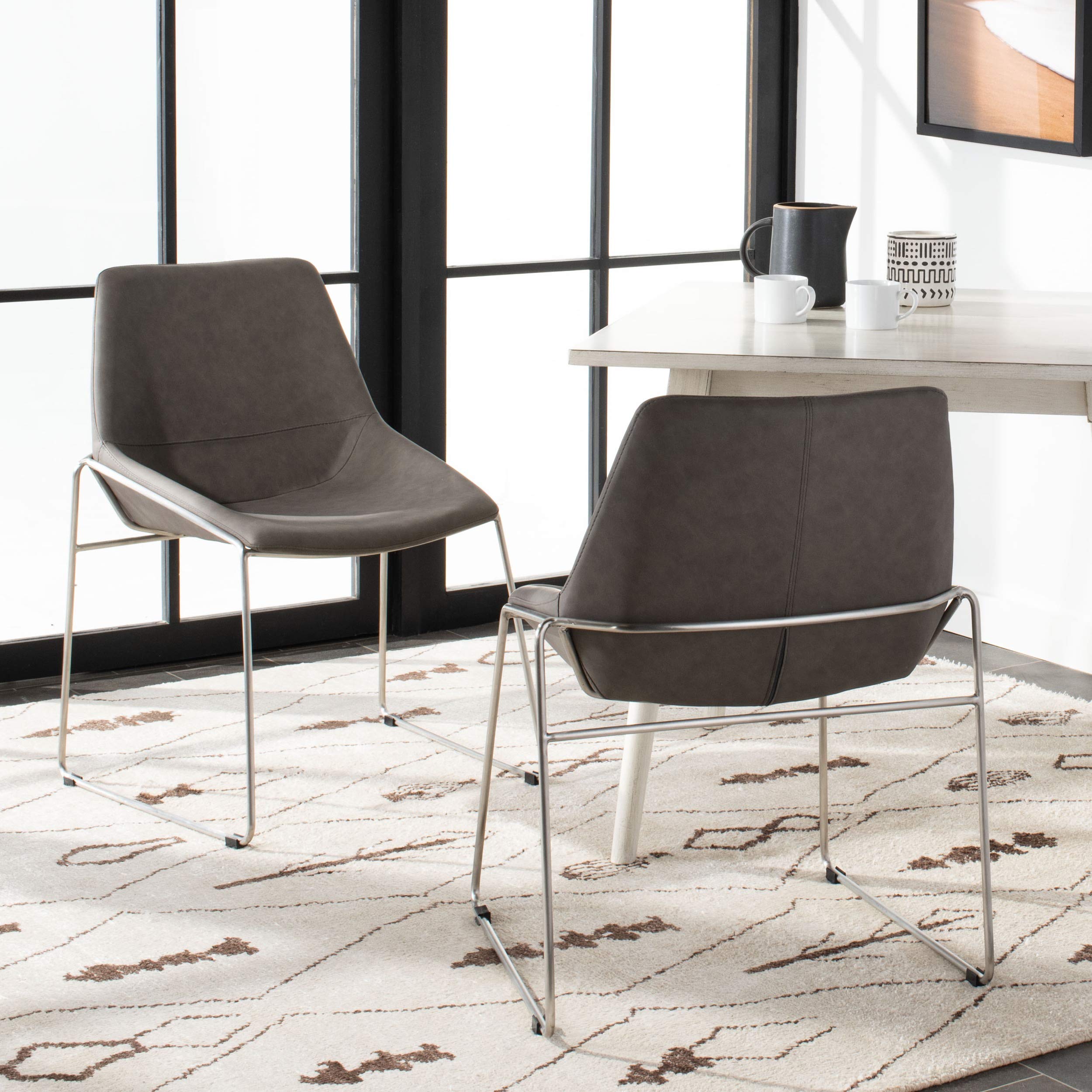 Safavieh Home Alexis Mid-Century Modern Dining Chairs - Set of 2, Ash Faux Leather & Silver Metal Frame - Perfect for Kitchen, Dining Room & Office Use