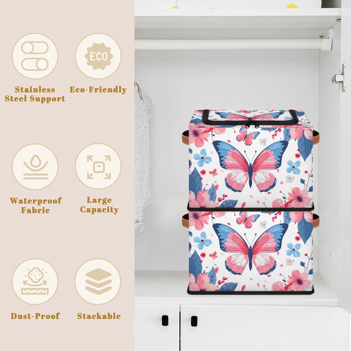 2-Pack Stackable Storage Bins with Zipper Lid & Metal Frame - Butterfly Flower Design Closet Organizer Cubes with PU Handles | Perfect for Clothes, Toys, and Home Organization
