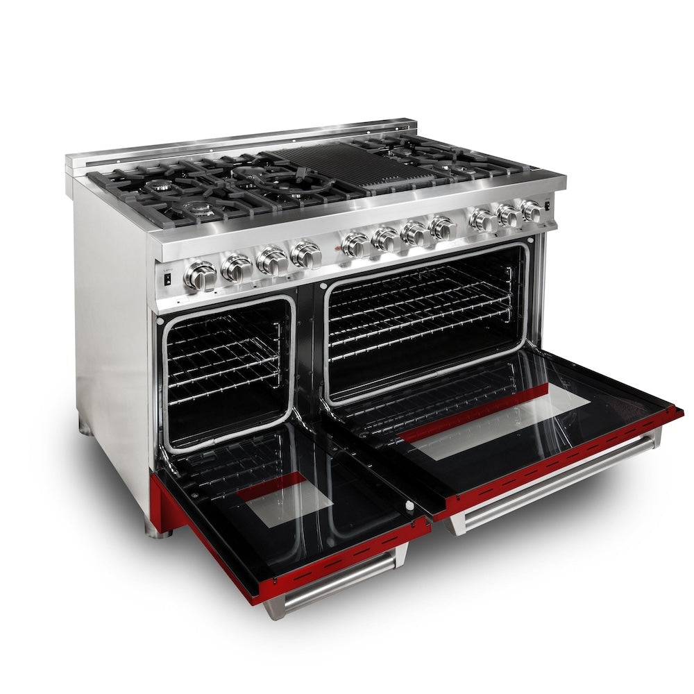 ZLINE 48-Inch 6.0 cu. ft. Dual Fuel Range with 7-Burner Gas Cooktop & 2 Electric Ovens - Stainless Steel with Red Gloss Doors (RA RG 48) for Professional Home Kitchens & Gourmet Cooking