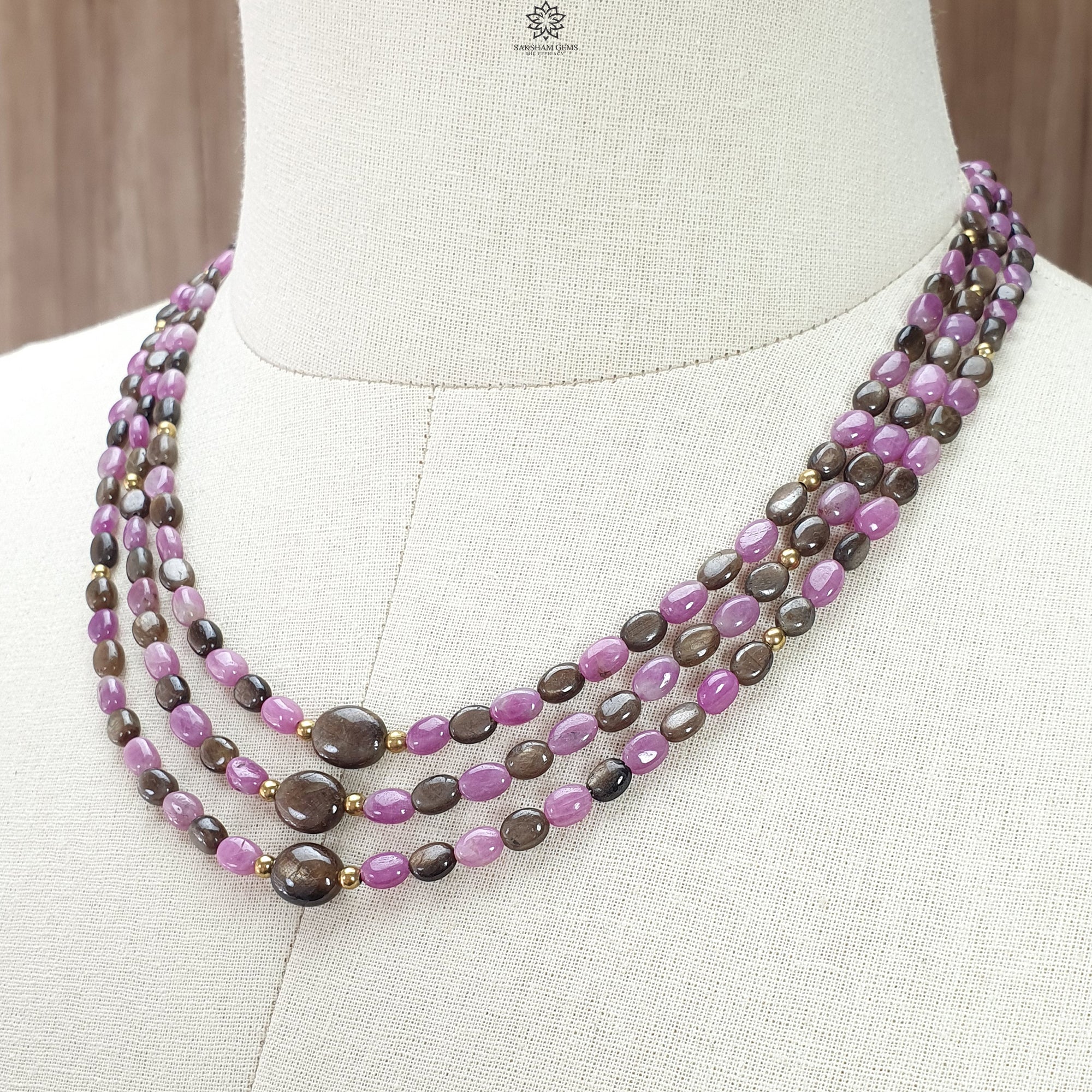 Natural Untreated Golden & Pink Sapphire Gemstone Beads Necklace - Oval Shape Brass Jewelry (18
