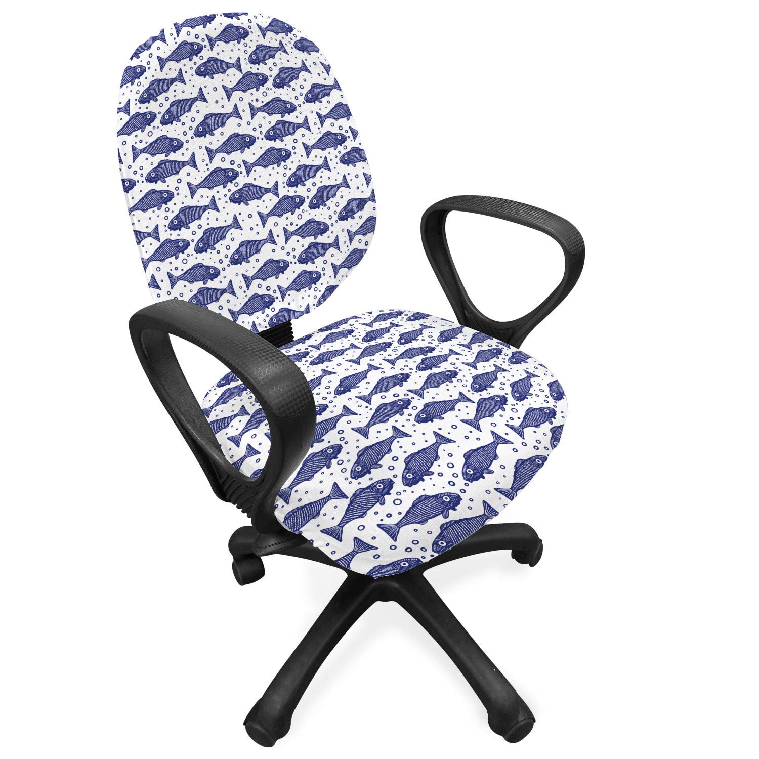 Ambesonne Nautical Office Chair Slipcover - Monochrome Hand-Drawn Fish Pattern with Minimal Bubbles, Stretch Fabric Chair Cover in Violet Blue & White | Perfect for Home Office, Gaming Chair, or Dining Room Decor