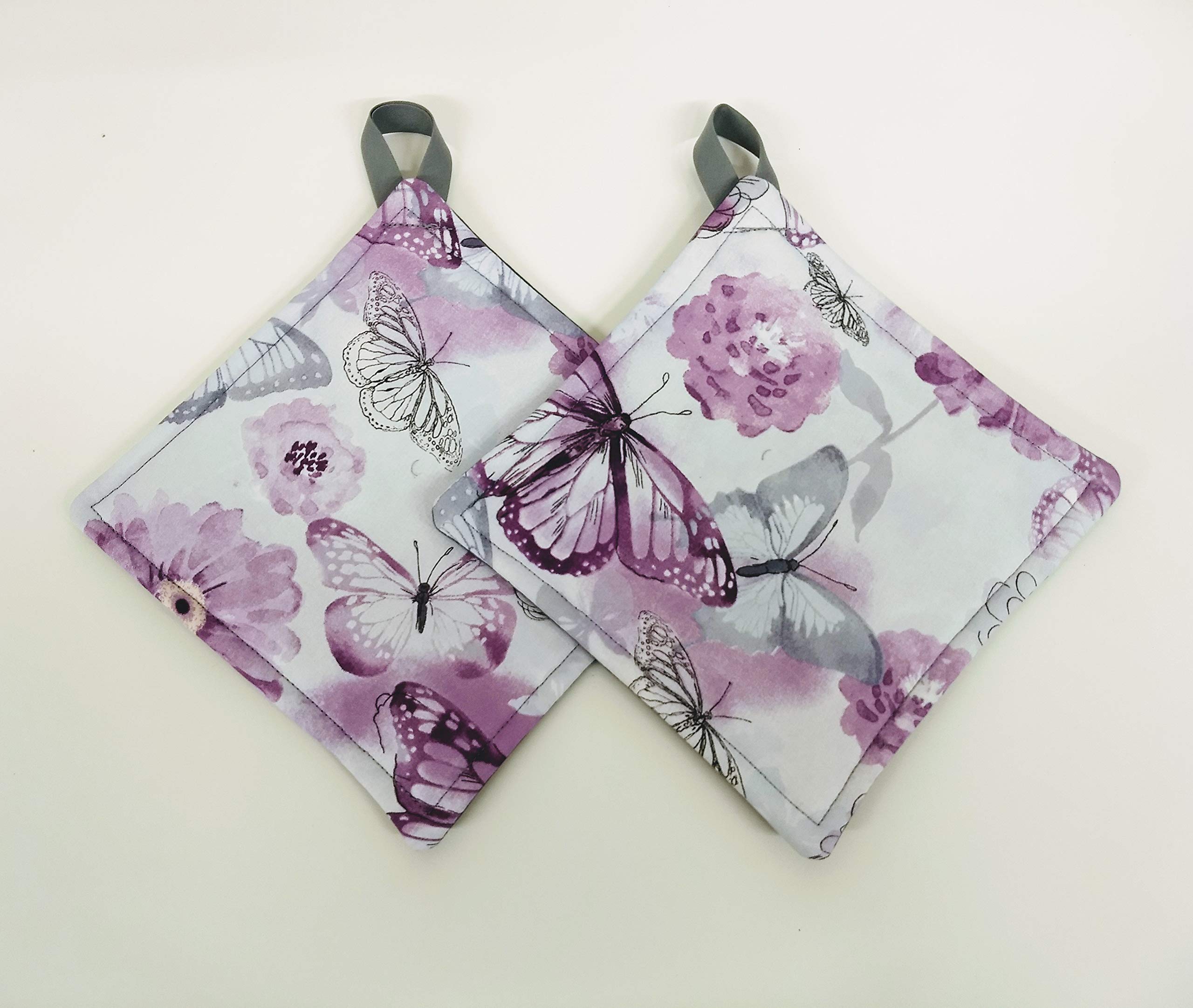 Purple and Grey Butterfly Print Heat Resistant Pot Holder Set - 2 Pack Kitchen Oven Mitts for Cooking, Baking & Grilling - Perfect for Hot Pans, Baking Trays & BBQ Use