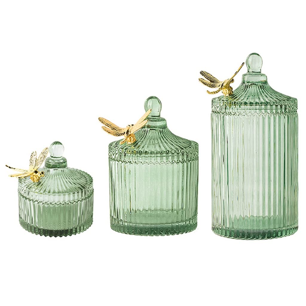 Glass Candy Jar with Dragonfly & Butterfly Decor - Set of 3 Lidded Cookie Jars for Home, Kitchen, Wedding & Party Decor (Green) | Perfect for Candy Storage, Gift Giving & Table Centerpieces