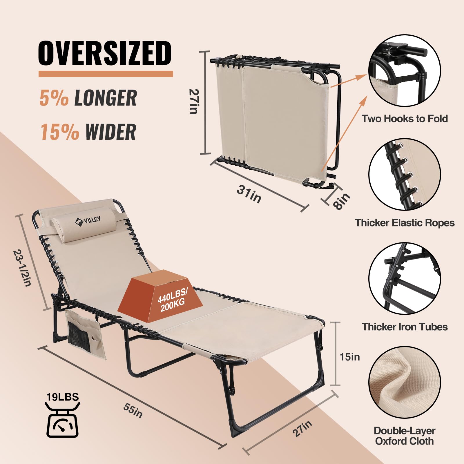 VILLEY Oversized Chaise Lounge Chair with Face Hole - Portable Adjustable Reclining Tanning Chair for Beach, Pool, Patio & Lawn | Heavy-Duty Folding Sunbathing Chair for Outdoor Relaxation & Sun Tanning