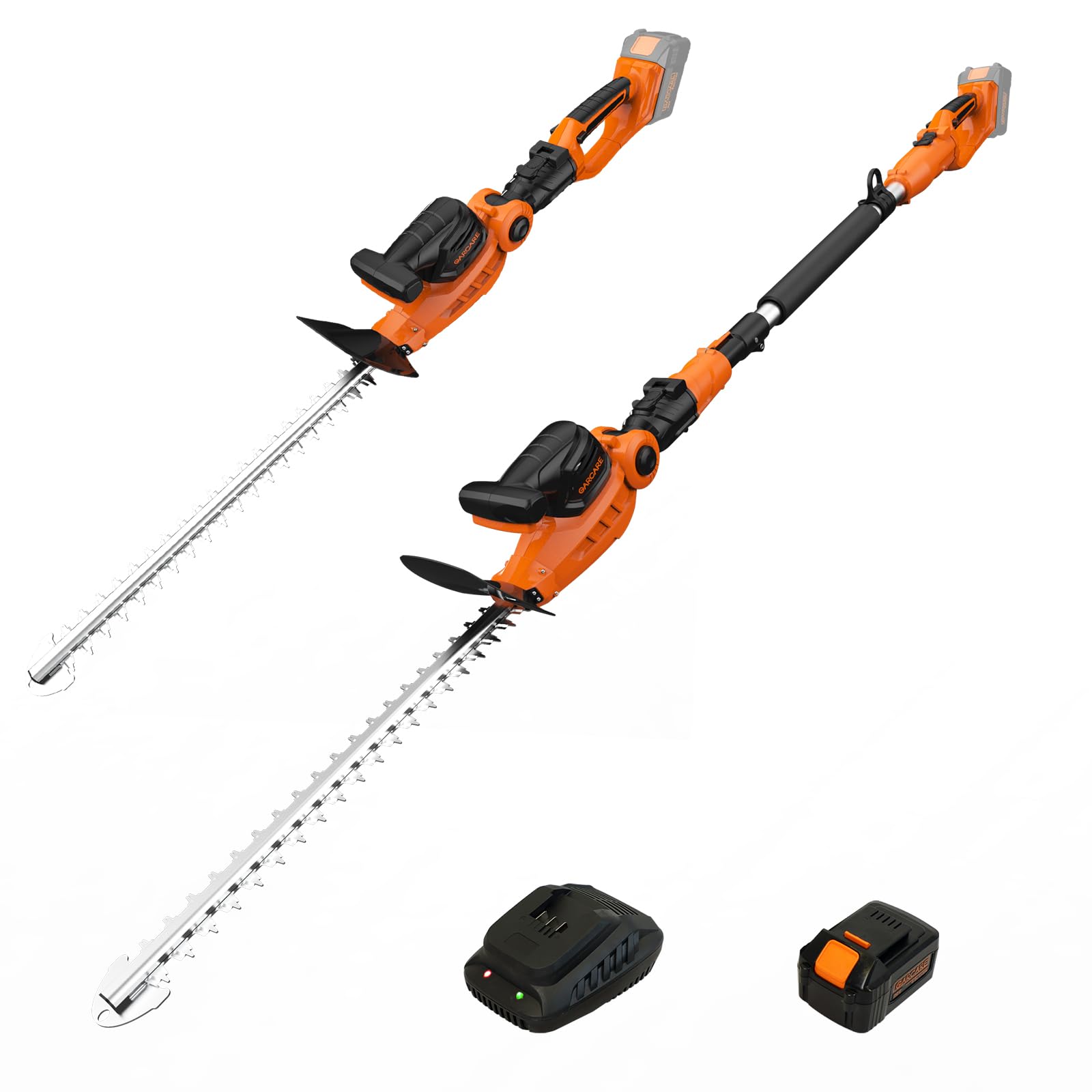 GARCARE 20V Cordless 2-in-1 Pole Hedge Trimmer with 4.0Ah Battery & Quick Charger - 20 Inch Cutting Blade, 7/10 Inch Cutting Capacity - Perfect for Tall Hedges, Tree Branches & Hard-to-Reach Areas