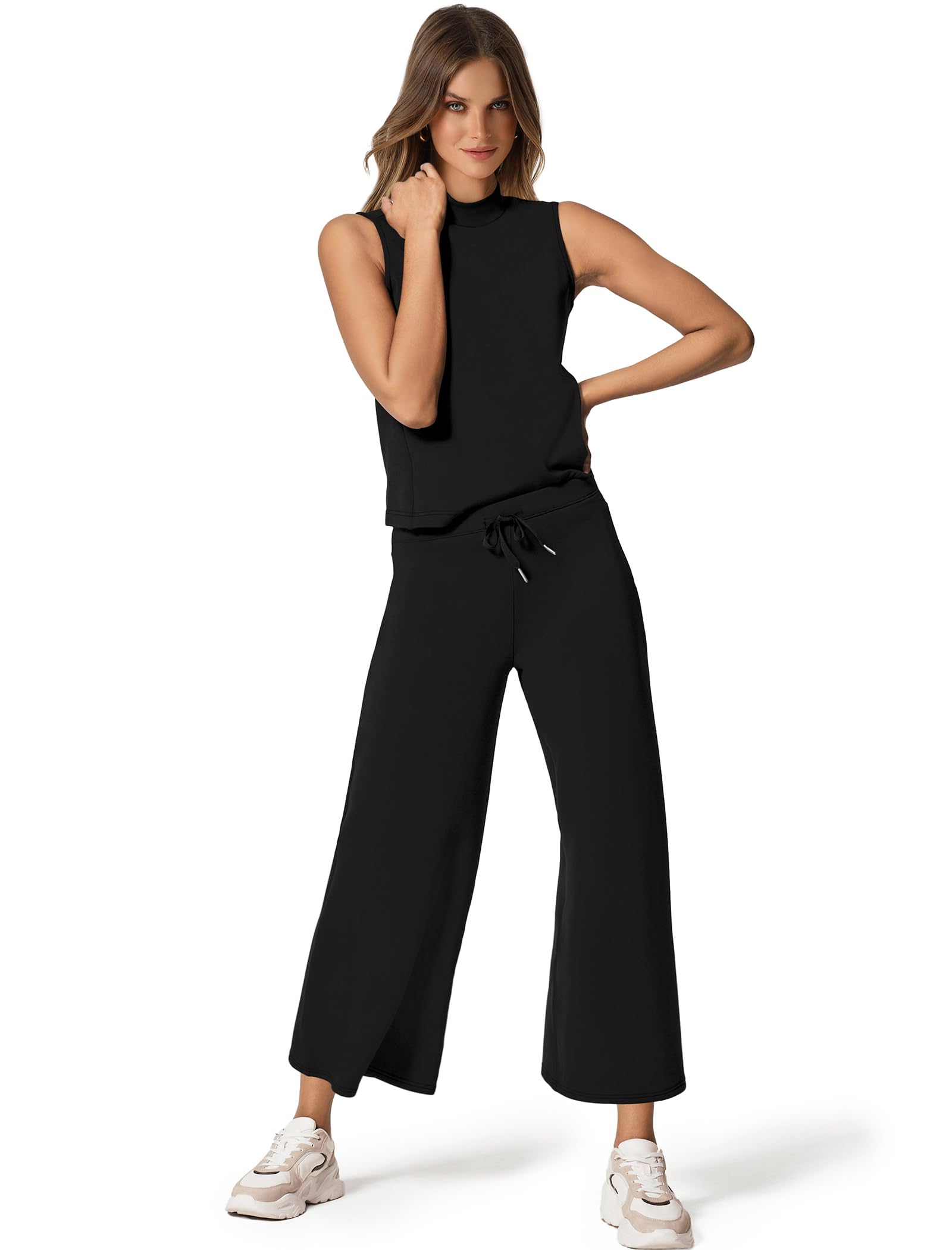 Women's Summer Two Piece Sets - SAMPEEL Mock Neck Tops & Wide Leg Crop Pants Lounge Outfits for Vacation, Travel & Casual Wear