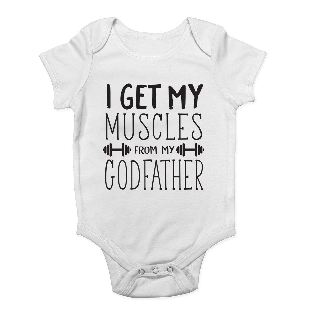 Promini Cute Baby Onesie - Weight Lifting Bodysuit with 'I Get My Muscles from My Godfather' Print - Soft Infant Romper for Newborns & Toddlers - Perfect Baby Shower Gift (White) - Great for Gym Enthusiast Families & Funny Photo Ops