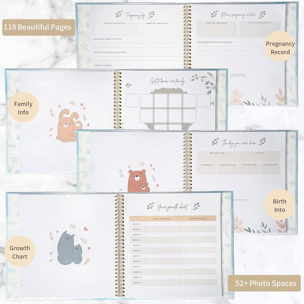 Xorea Baby Memory Book - Pregnancy Scrapbook & Growth Journal with Cute Animal Design, High-Quality Photo Album for Newborn Keepsake - Perfect for Baby Showers, First Birthday Gifts, and Family Memory Preservation
