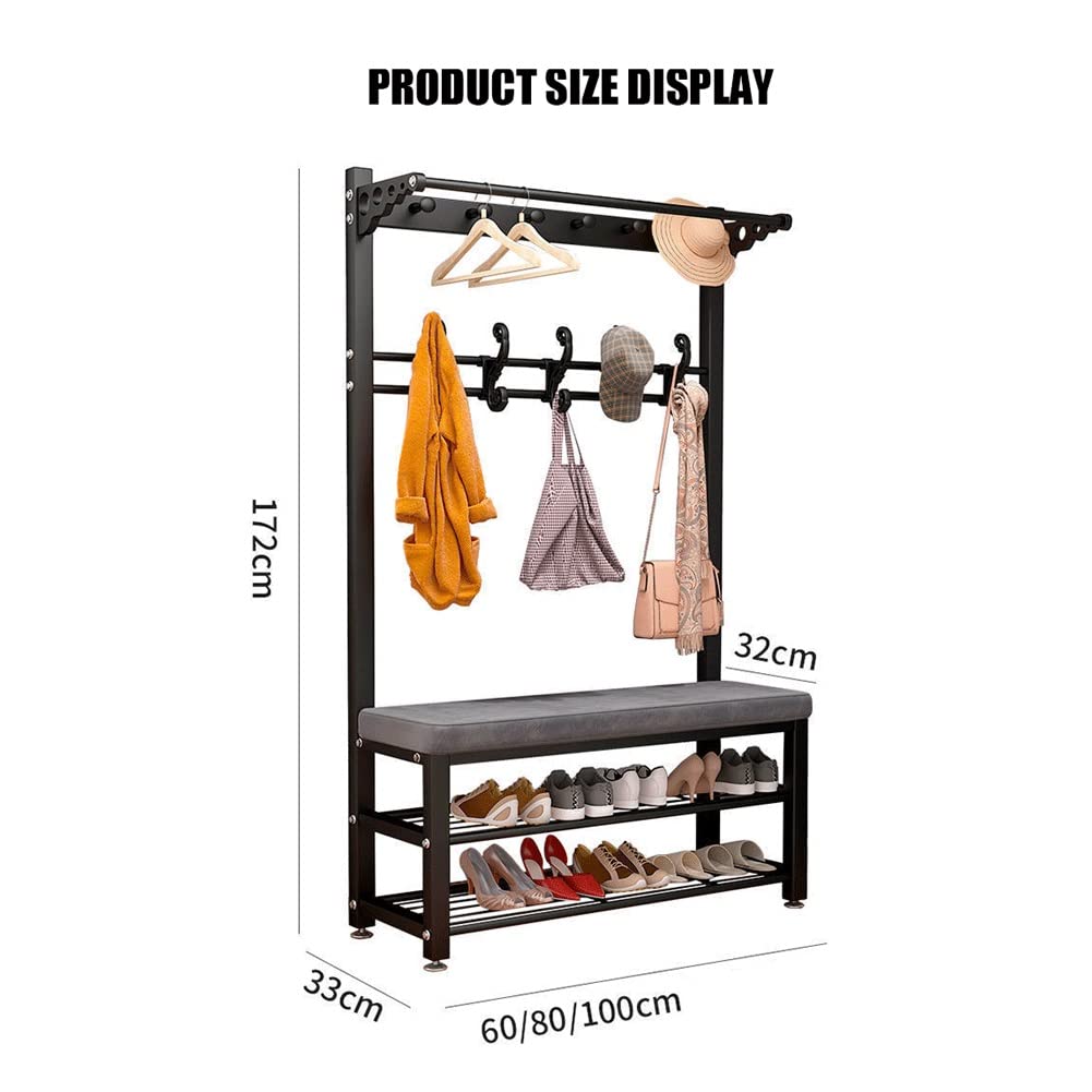 Industrial Hall Tree with Hooks - 3-in-1 Entryway Coat Rack, Shoe Bench & Storage Organizer with Shelf - Sturdy Metal Frame for Hallway, Bedroom, Bathroom (White Gray, 39.4