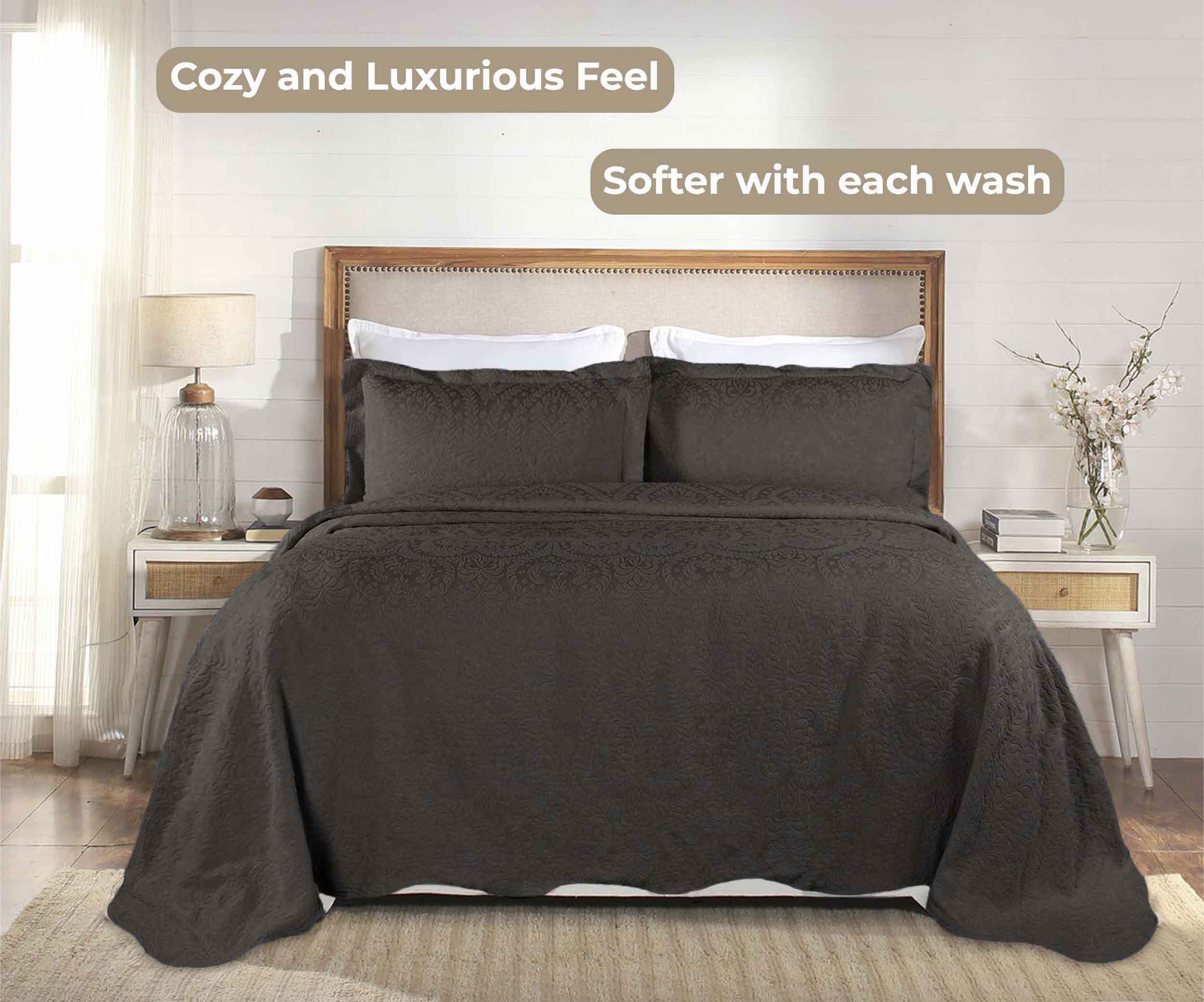 Premium Aspen Cotton Blend Jacquard Woven Floral Bedspread Set with Scalloped Edges - Queen Size Luxury Bedding for Master Bedroom & Guest Room Decor