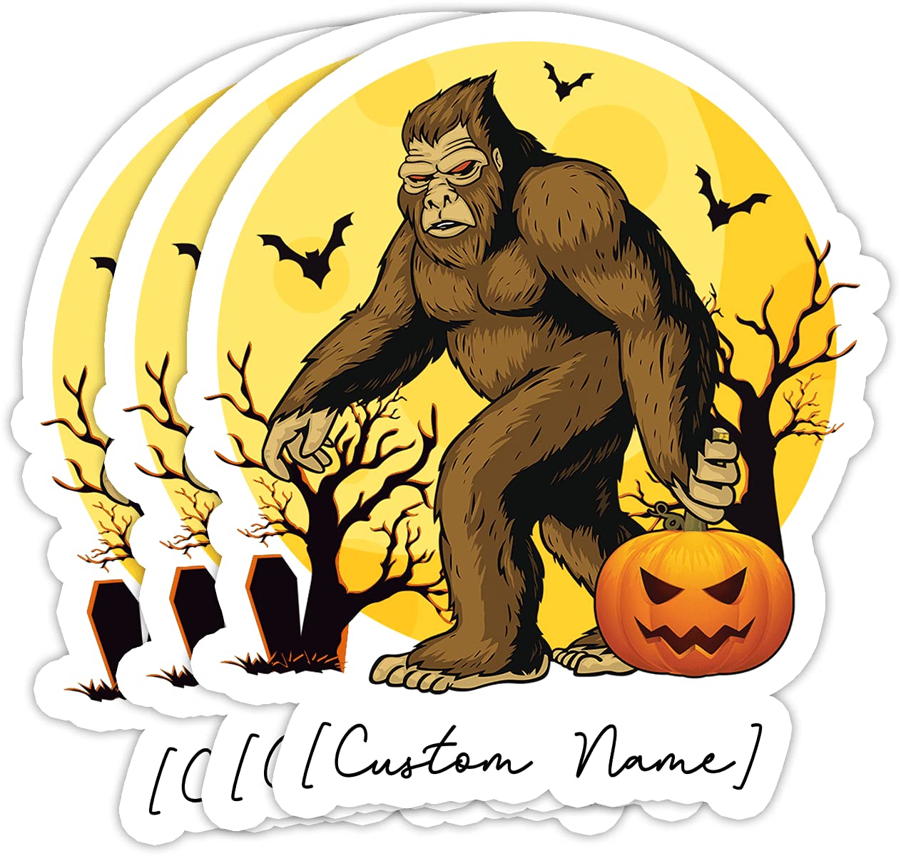 Custom Bigfoot Pumpkin Halloween Stickers - Personalized 3x4 Inch Vinyl Waterproof Labels (Pack of 3) - Perfect Gift for Bigfoot Lovers, Moms, Kids & Teens - Great for Halloween Decorations, Laptop Stickers & Water Bottles