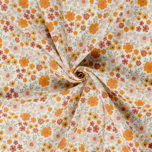 Pink and Orange Floral Print Double Gauze Fabric - Soft & Breathable for Dresses, Blouses, and DIY Sewing Projects