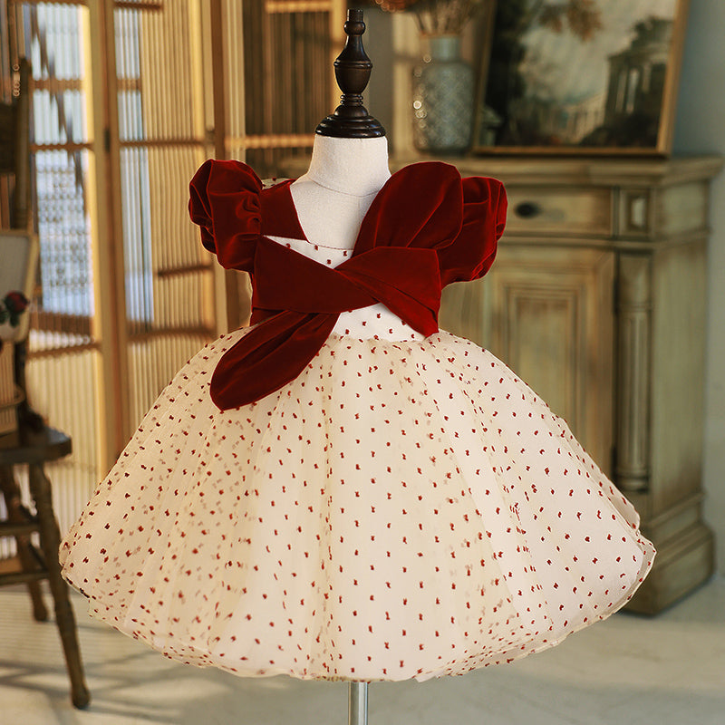 Burgundy Velvet Tulle A-Line Flower Girl Dress with Puff Sleeves - Elegant Wedding Party Attire for Kids & Special Occasions