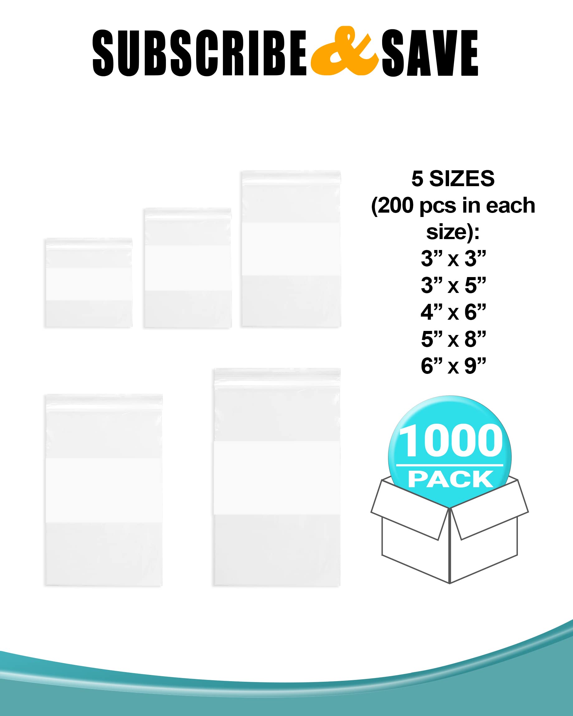 APQ White Block Zipper Bags - 5 Size Variety Pack of 1000 Clear Resealable Storage Bags | 4 Mil Thick Reclosable Zip Top Bags for Shipping, Organization & Craft Supplies | Perfect for Snacks, Jewelry, Office & Travel Essentials