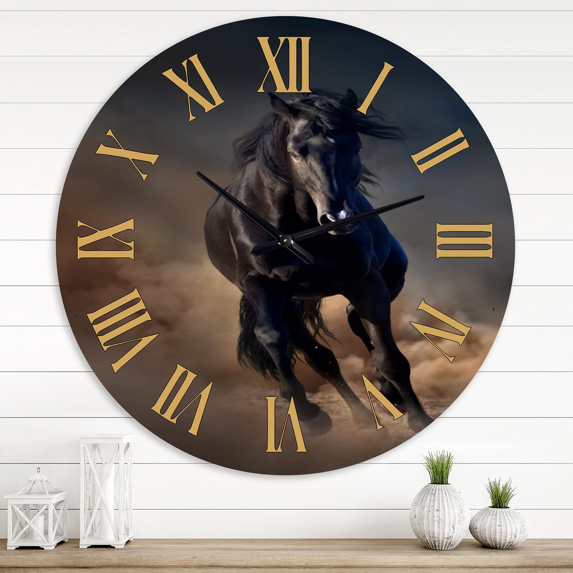Farmhouse Wall Clock with Thoroughbred Nonius Stallion Portrait - Large Rustic Wall Clock for Living Room, Bedroom & Office Decor - Perfect for Country Style Home, Equestrian Gifts & Western Themed Spaces