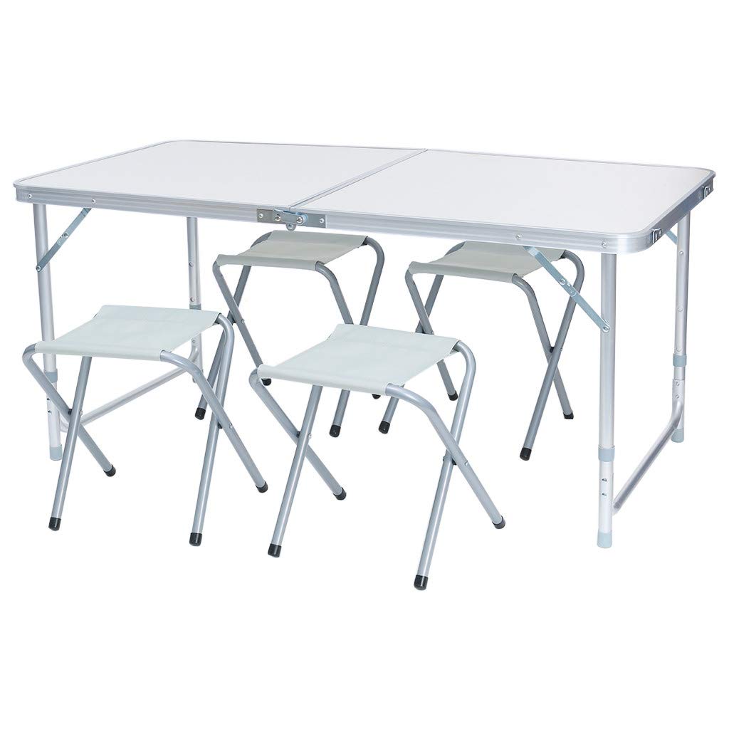 GONGting 4 Foot Aluminum Folding Table with 4 Metal Stools - Adjustable Height Portable Camping Table and Chairs Set, Lightweight & Sturdy for Outdoor Picnics, BBQs, Beach Parties, and Tailgating (Center Folding Design, No Umbrella Hole)
