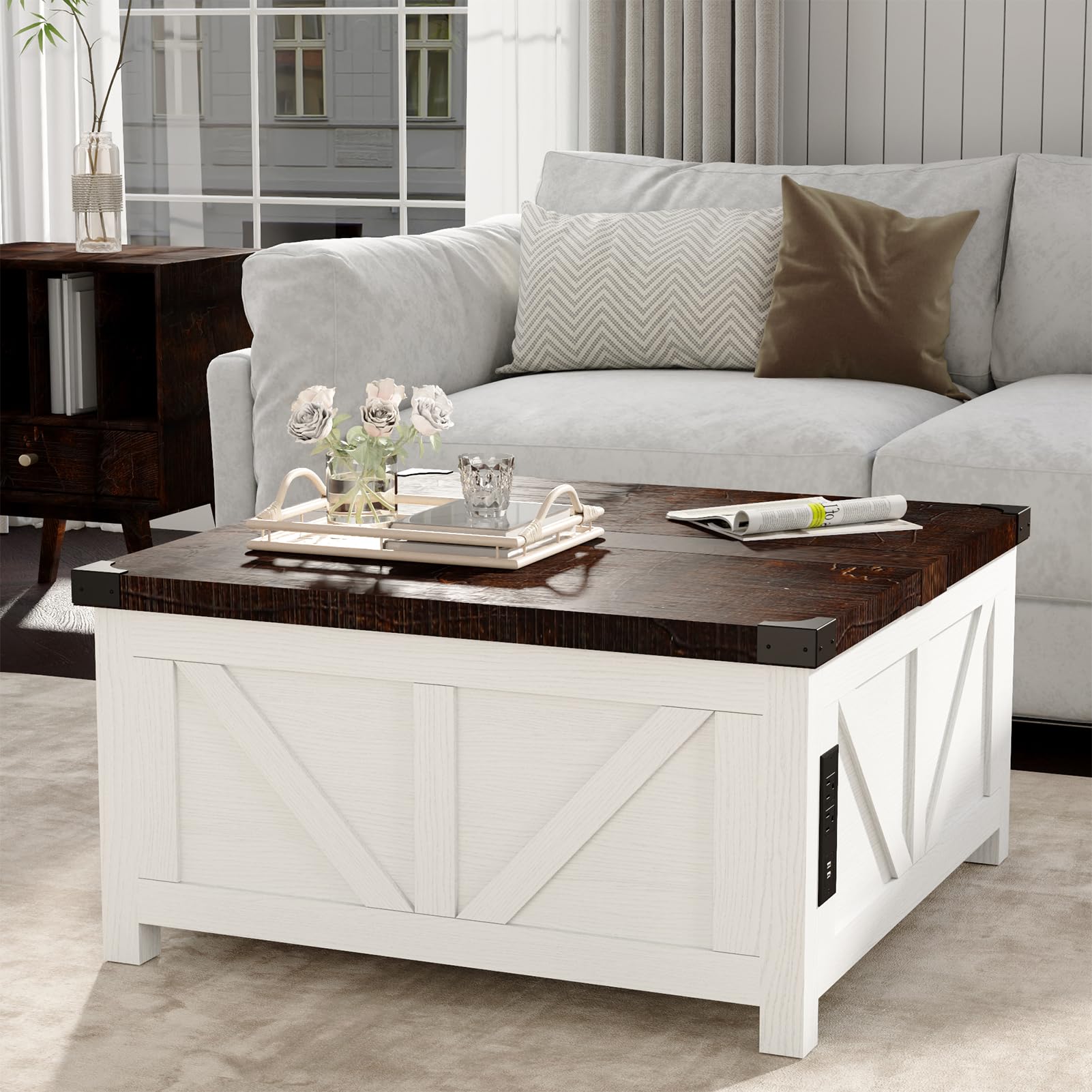 Farmhouse Lift Top Coffee Table with Storage - Wood Square Center Table with Charging Station & USB Ports - Large Hidden Compartment - Perfect for Living Room, Bedroom, Home Office - Ideal for Entertaining, Remote Work & Small Space Storage