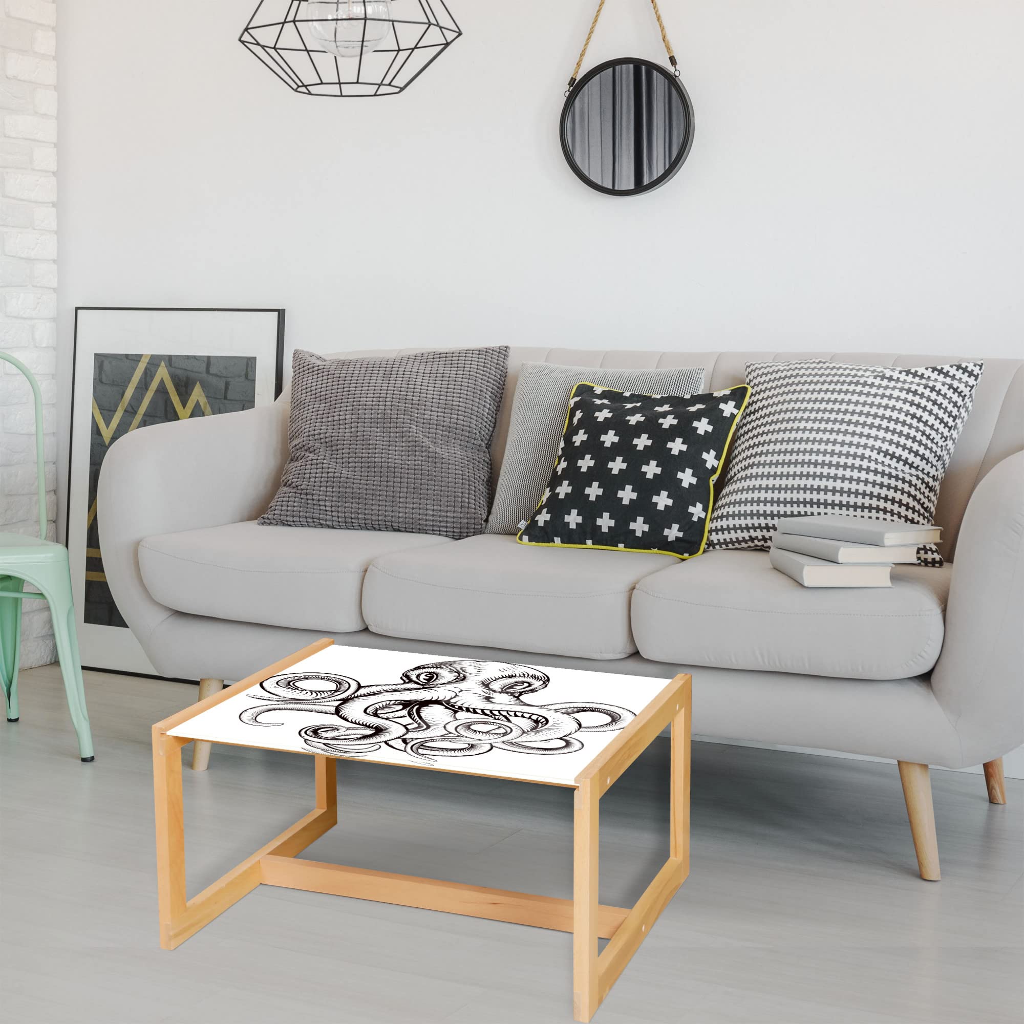 Ambesonne Octopus Coffee Table - Woodblock Style Monochrome Art, Acrylic Glass Top with Wooden Frame - Brown & White Modern Center Table for Living Room, Office, Dorm | Home Decor Gift Idea