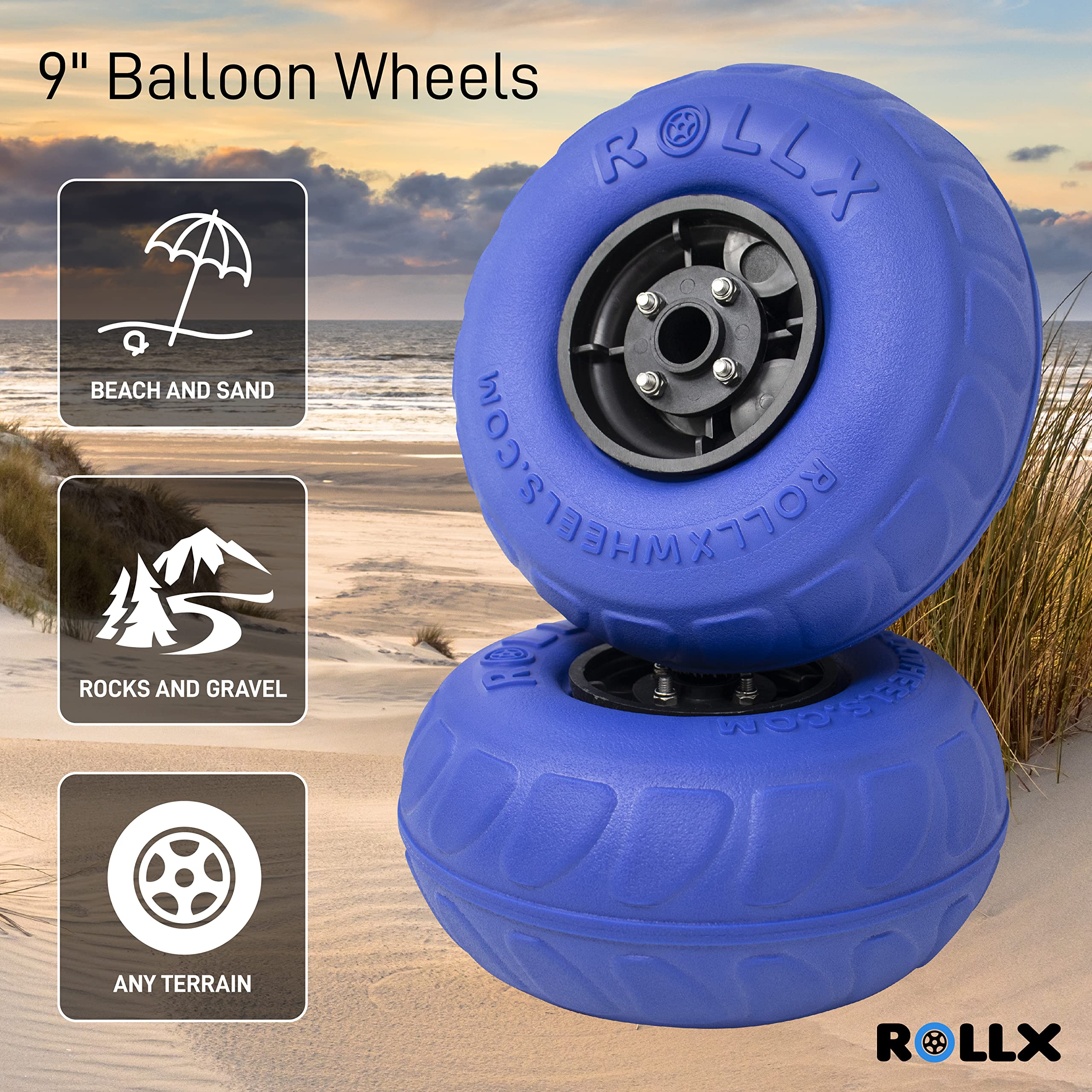 RollX 9-Inch Balloon Beach Wheels Set - Heavy Duty Sand Wheels for Beach Carts, Coolers & Wagons - Perfect for Sandy Terrain, Shoreline & Outdoor Adventures