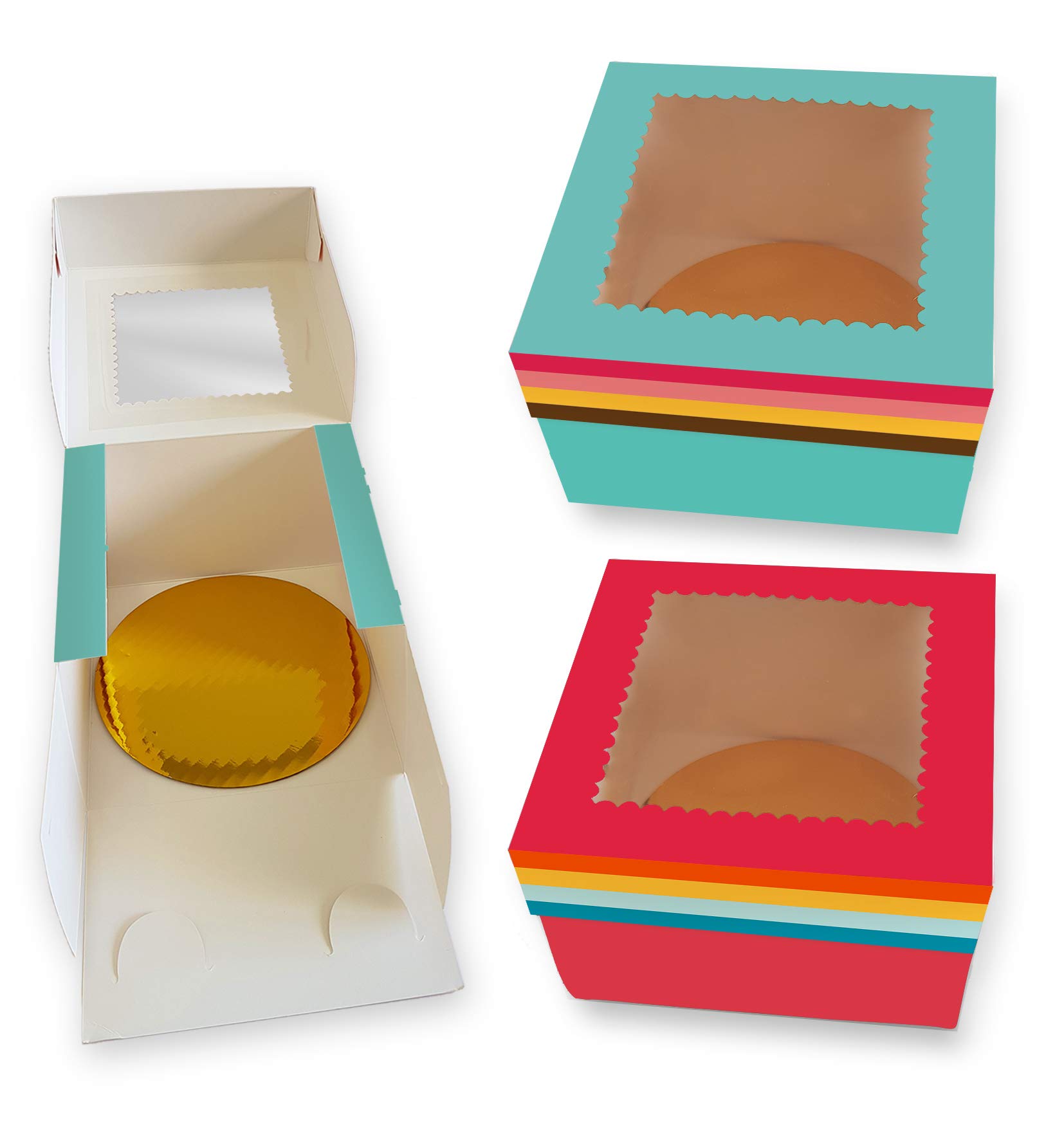 Premium 12x12x5 Inch Auto-Popup Cake Boxes with Window - Elegant Pastry Packaging for Cakes & Cookies - Includes 12 Round Cake Boards (Rainbow) - Perfect for Bakeries, Weddings & Gift Packaging