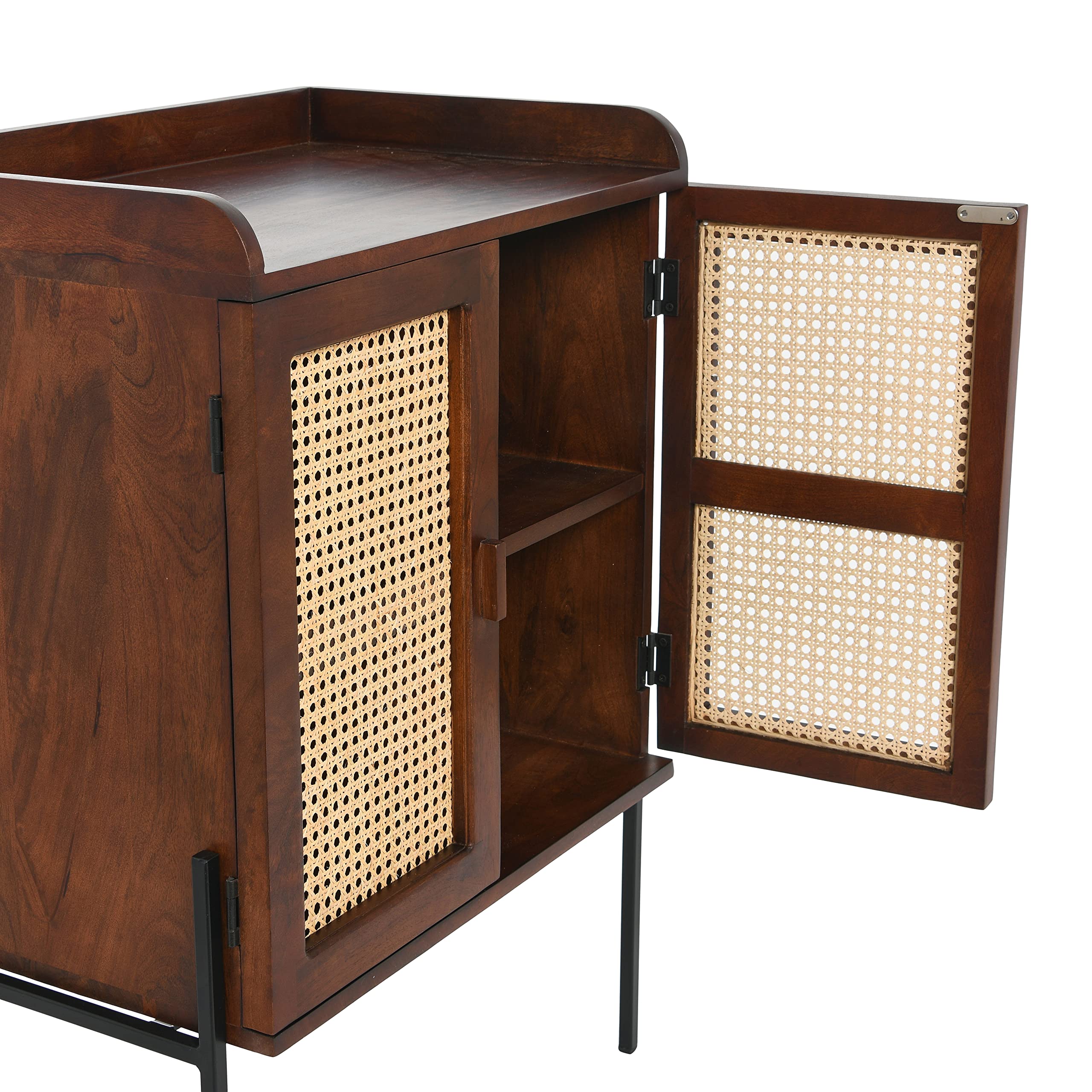 Creative Co-Op Modern Walnut Wood & Metal Bar Cabinet with Cane Panels - Perfect for Home Bar, Dining Room & Living Room Storage